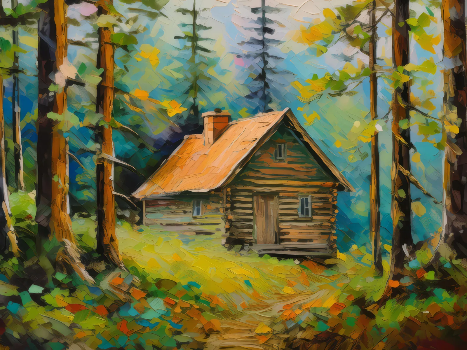 Forest Wooden Cabin, a palette-knife oil landscape by Emma Mickelberg