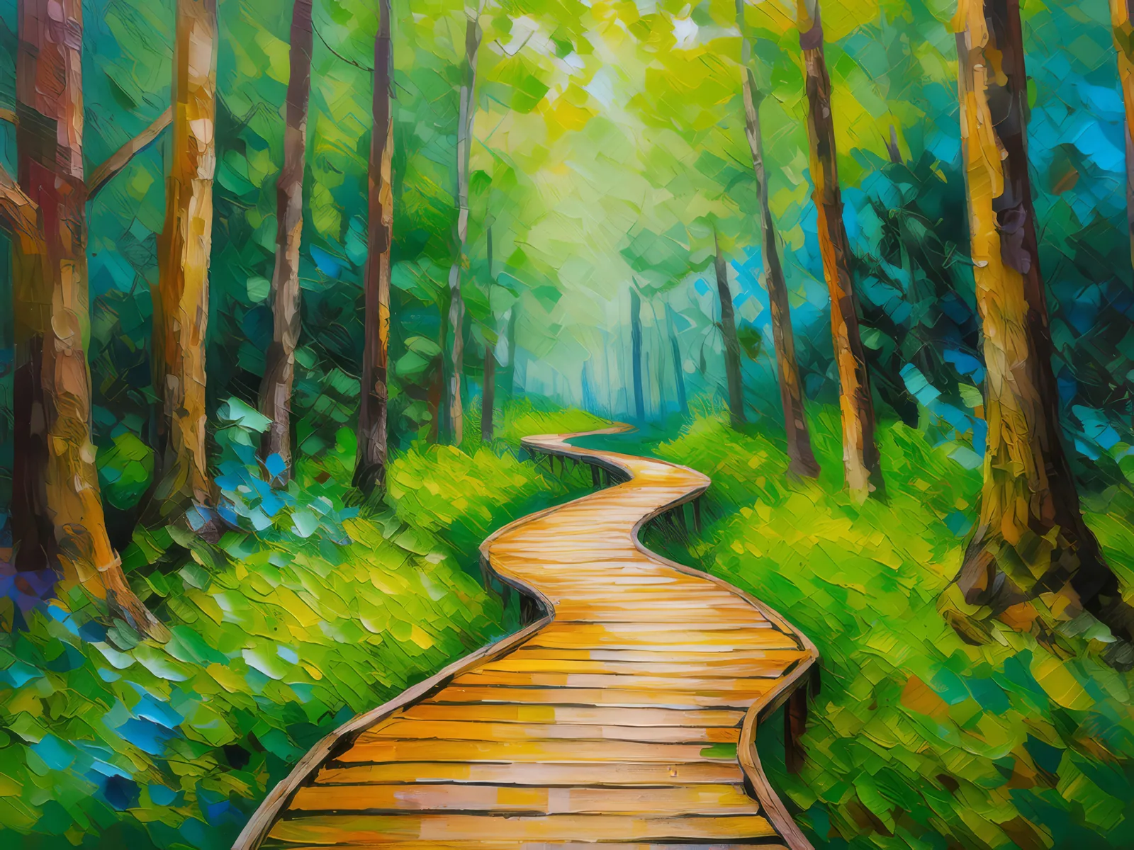 Forest Wooden Pathway, a palette-knife oil landscape by Emma Mickelberg