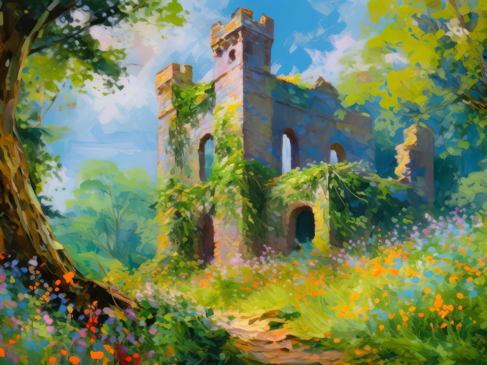 Forgotten Castle Ruins, a palette-knife oil landscape by Emma Mickelberg