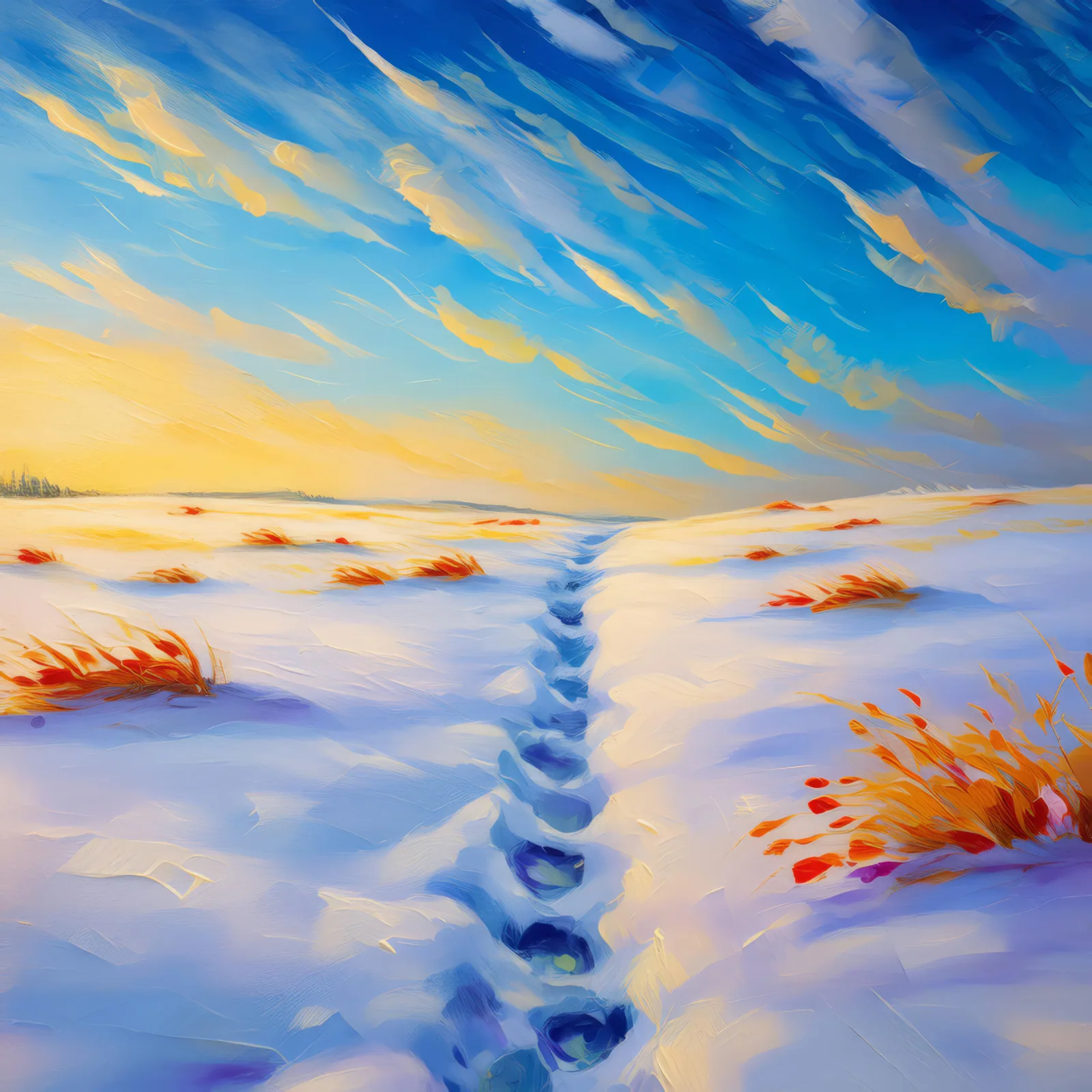 Fox Tracks in Snow, a palette-knife oil landscape by Emma Mickelberg