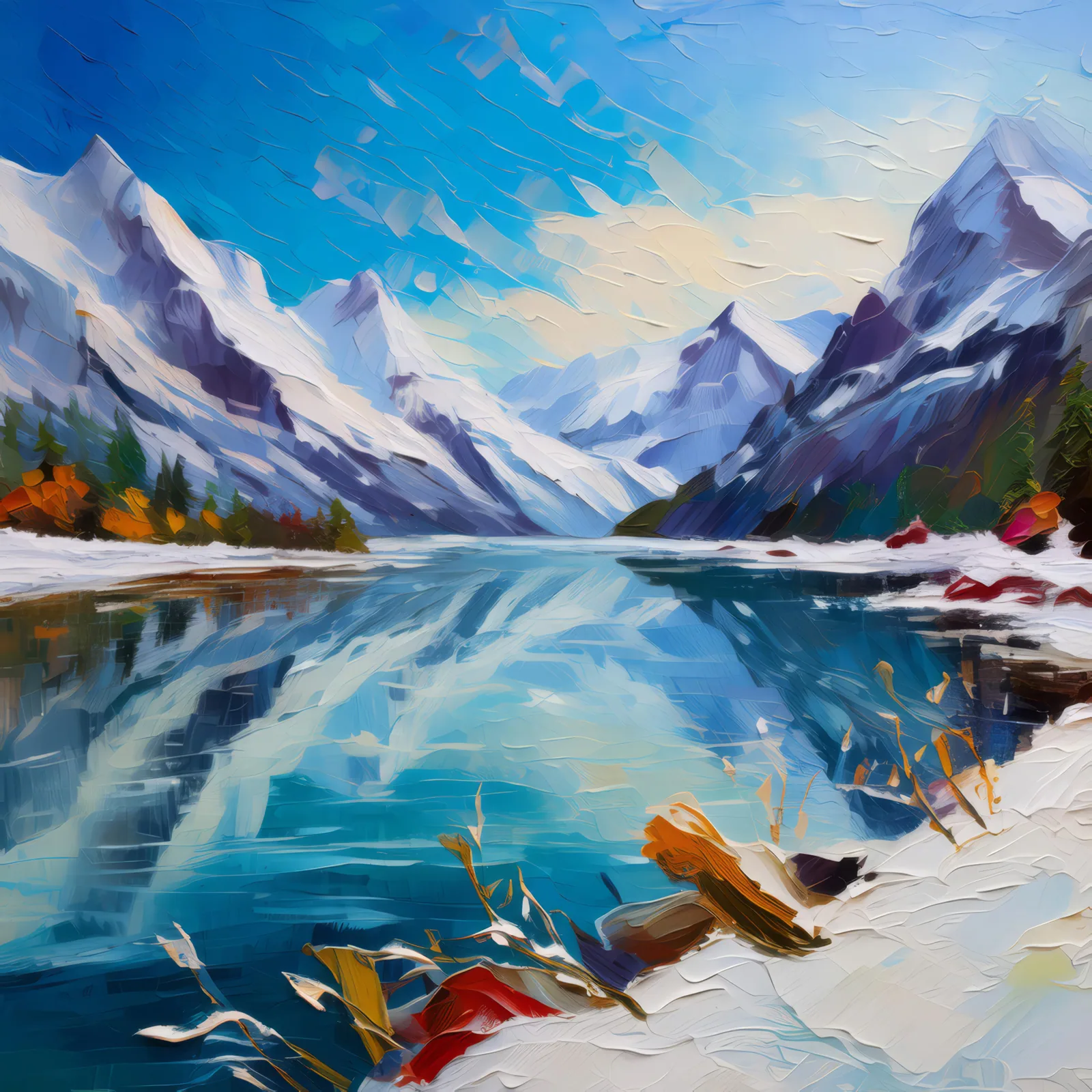 Frigid Alpine Lake, a palette-knife oil landscape by Emma Mickelberg