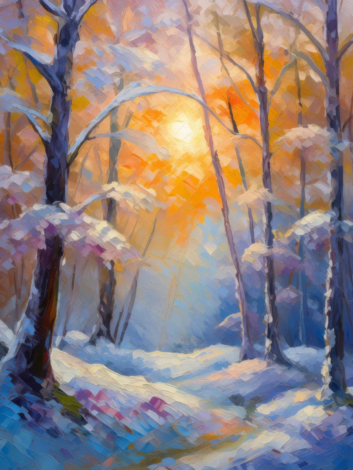 Frost Clad Trees at Dawn, a palette-knife oil landscape by Emma Mickelberg