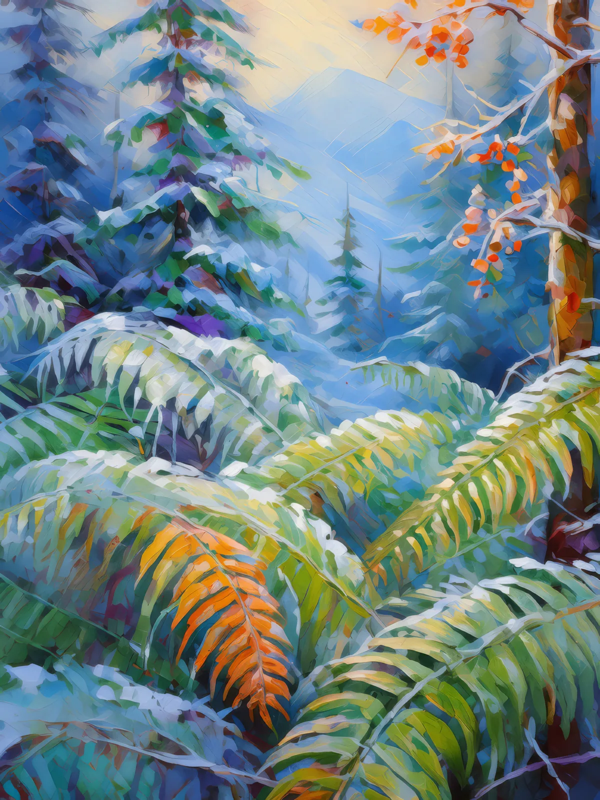 Frost Kissed Ferns of the Jungle, a palette-knife oil landscape by Emma Mickelberg