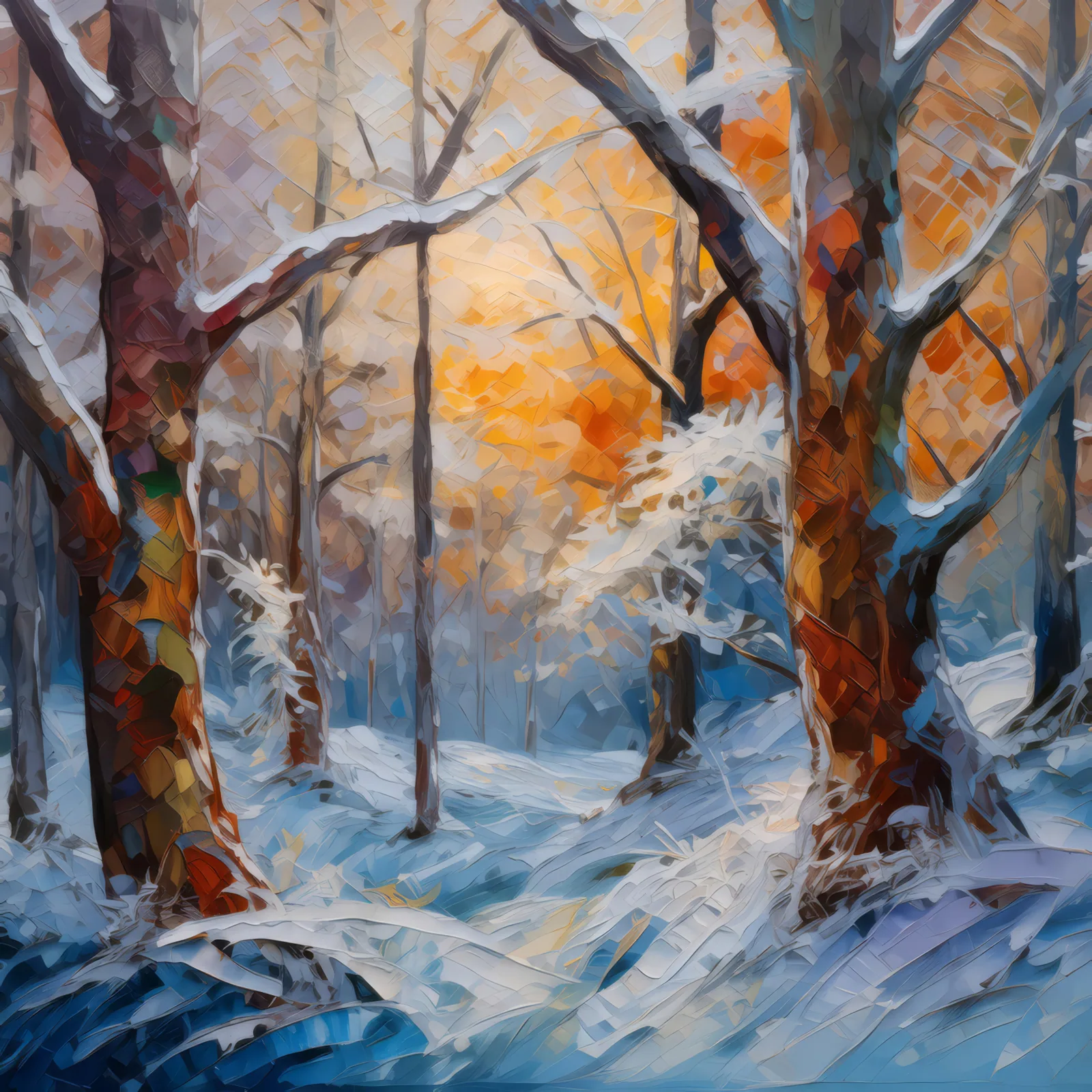 Frost Patterns on Bark, a palette-knife oil landscape by Emma Mickelberg