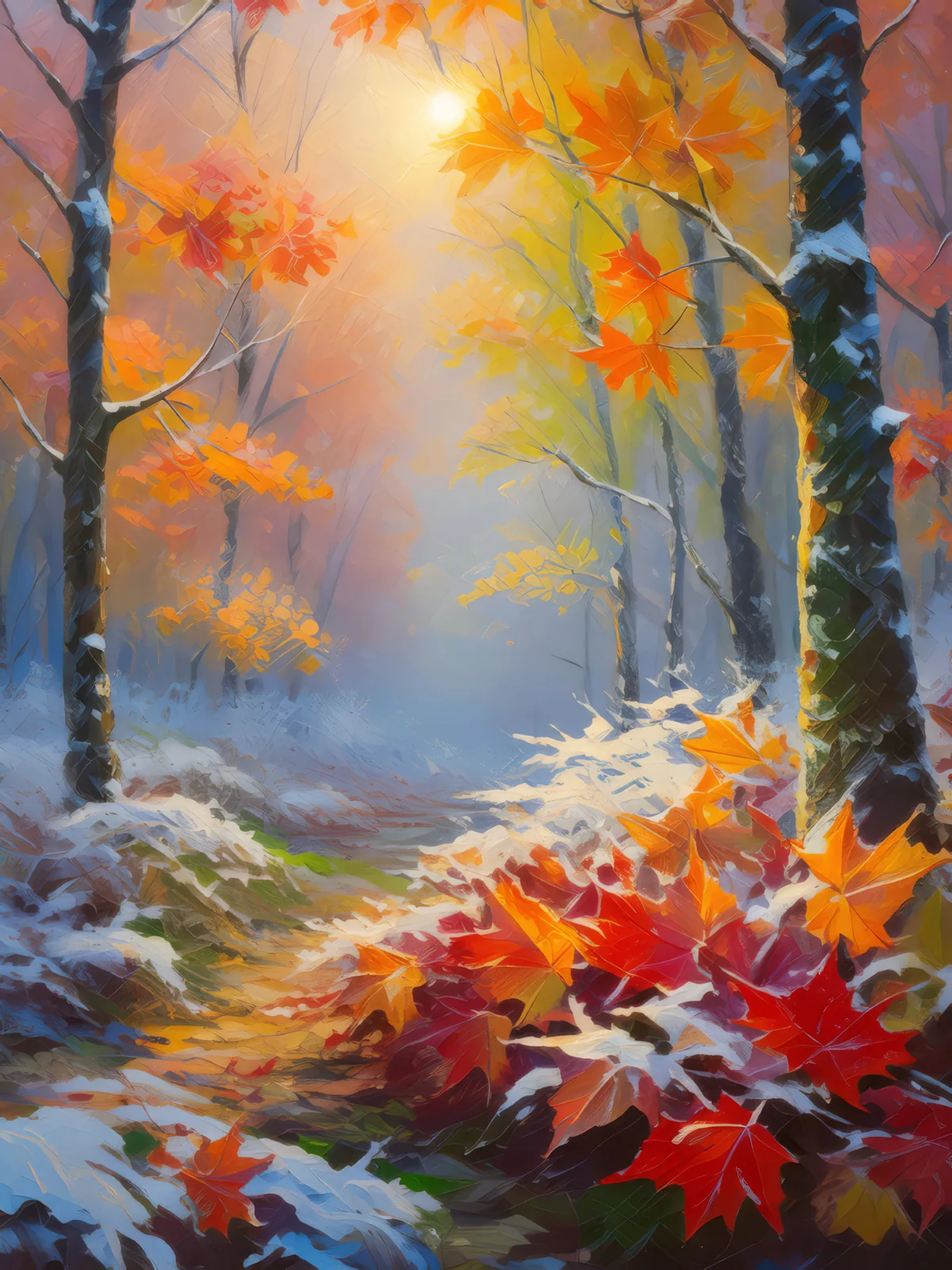 Frost-Tipped Autumn Leaves, a palette-knife oil landscape by Emma Mickelberg