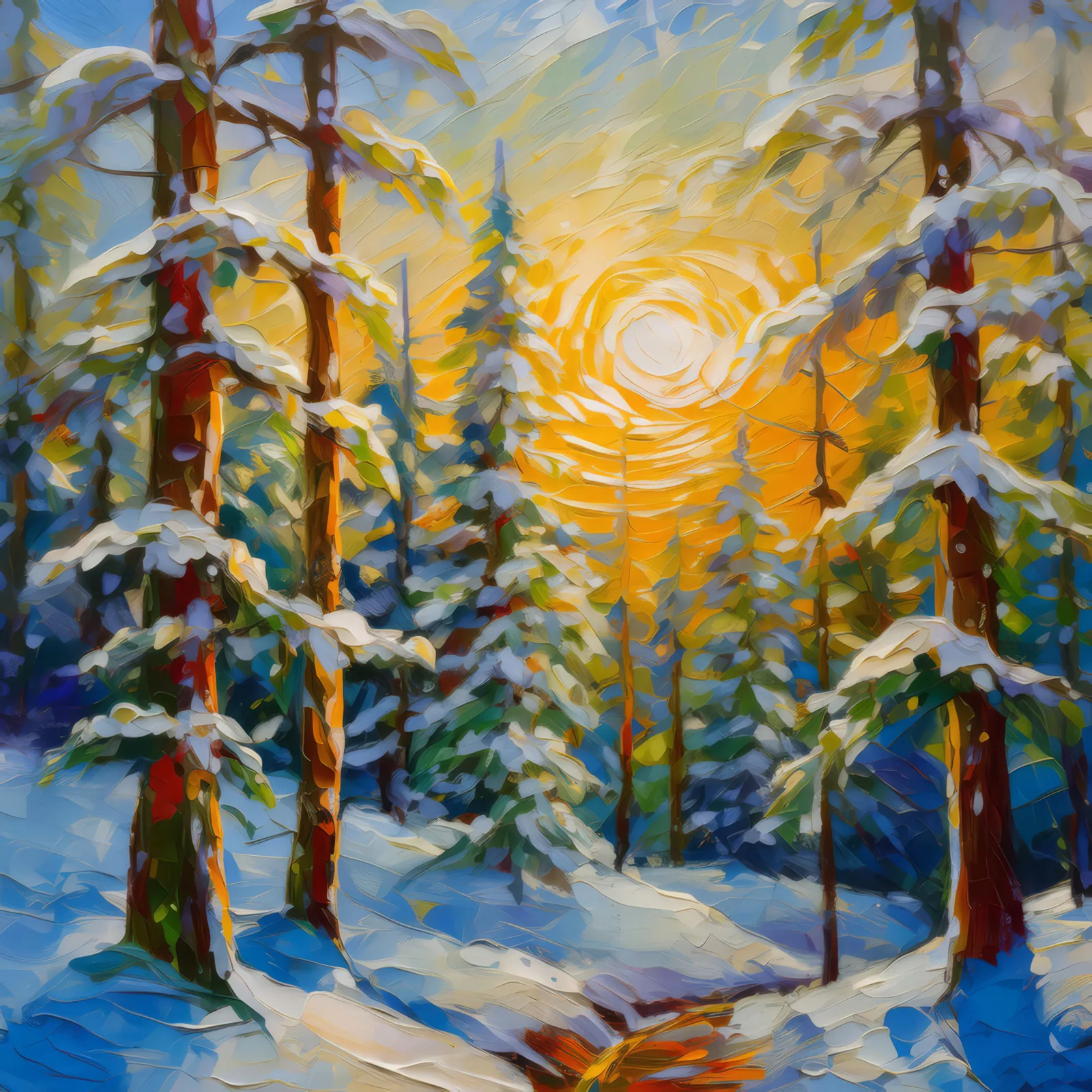 Frosted Boreal Trees, a palette-knife oil landscape by Emma Mickelberg