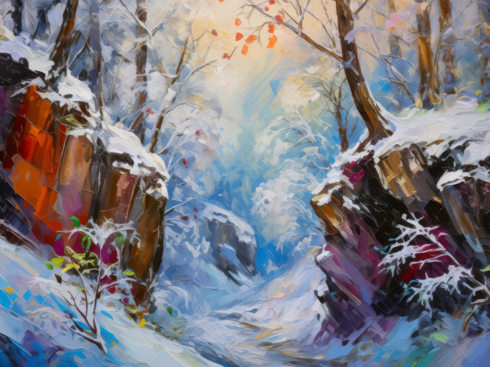 Frosted Forest Chasm, a palette-knife oil landscape by Emma Mickelberg