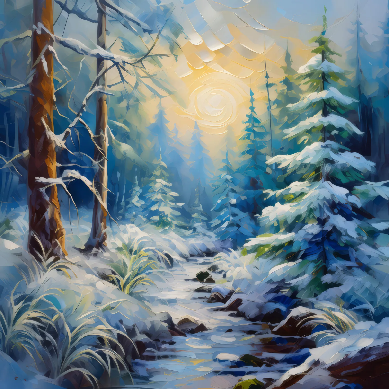 Frost's Arrival in the Jungle, a palette-knife oil landscape by Emma Mickelberg