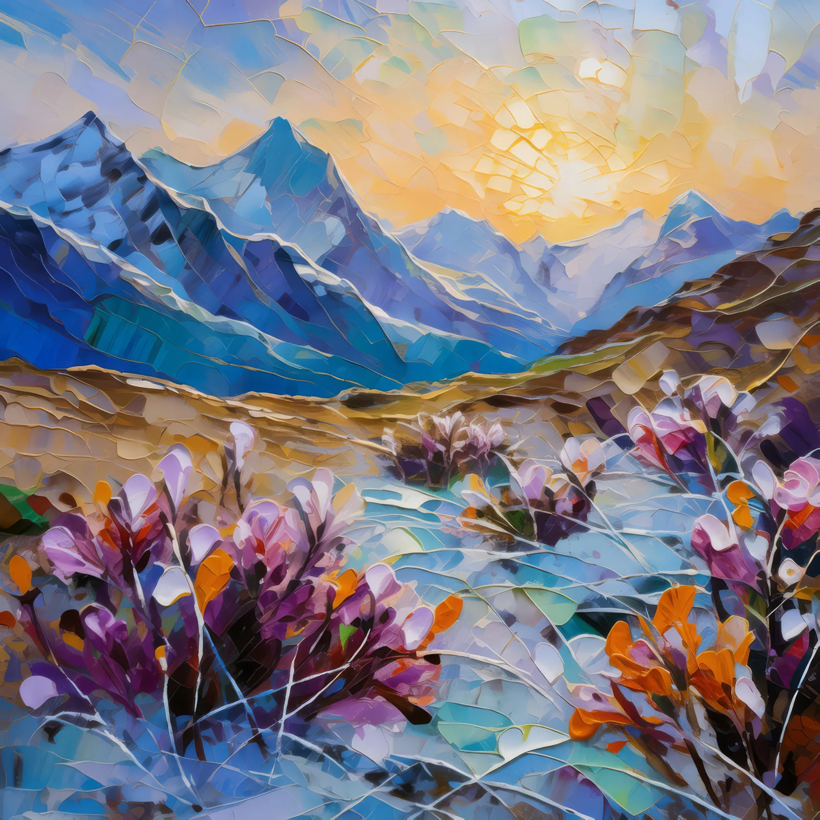 Frosty Alpine Desert Morning, a palette-knife oil landscape by Emma Mickelberg