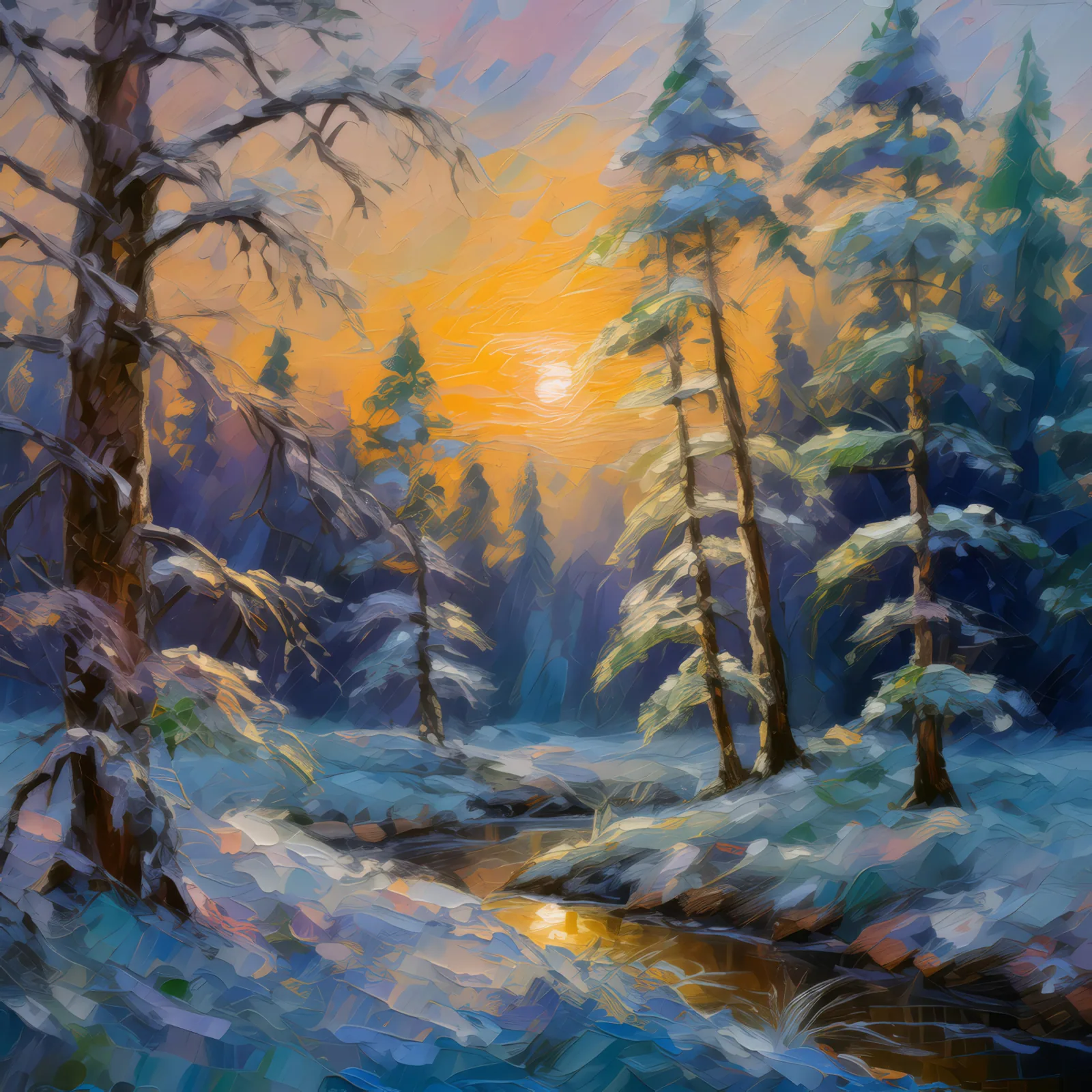 Frosty Boreal Dawn, a palette-knife oil landscape by Emma Mickelberg