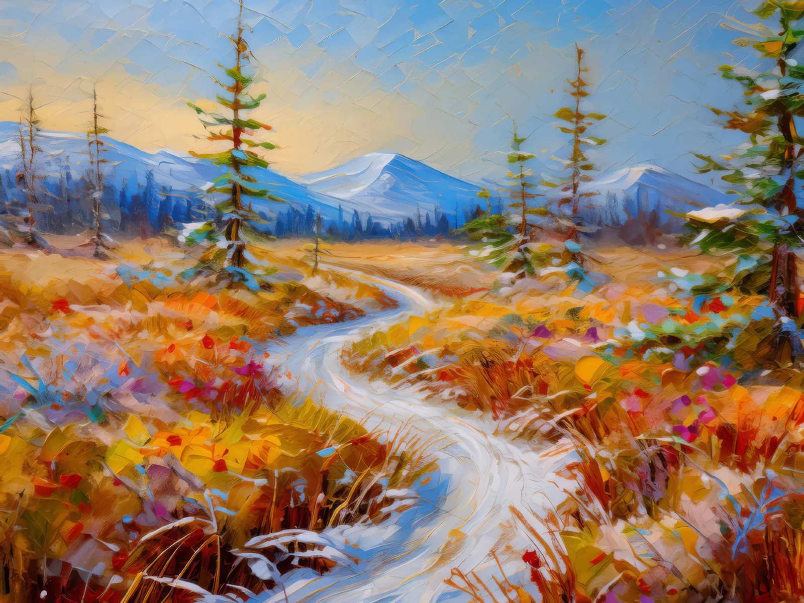 Frosty Boreal Desert Trail, a palette-knife oil landscape by Emma Mickelberg