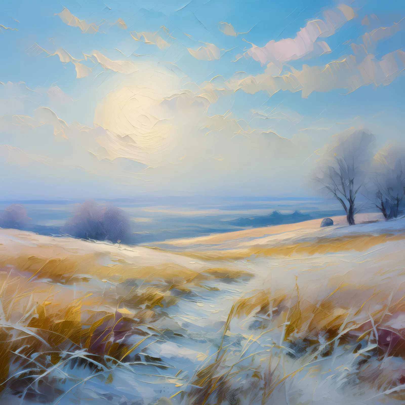 Frosty Grassland Morning, a palette-knife oil landscape by Emma Mickelberg