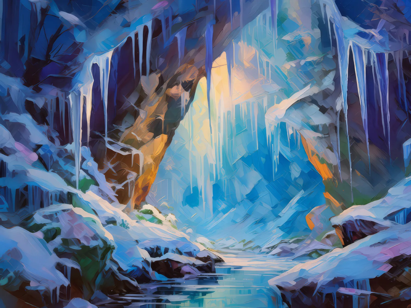 Frosty Ice Grotto, a palette-knife oil landscape by Emma Mickelberg