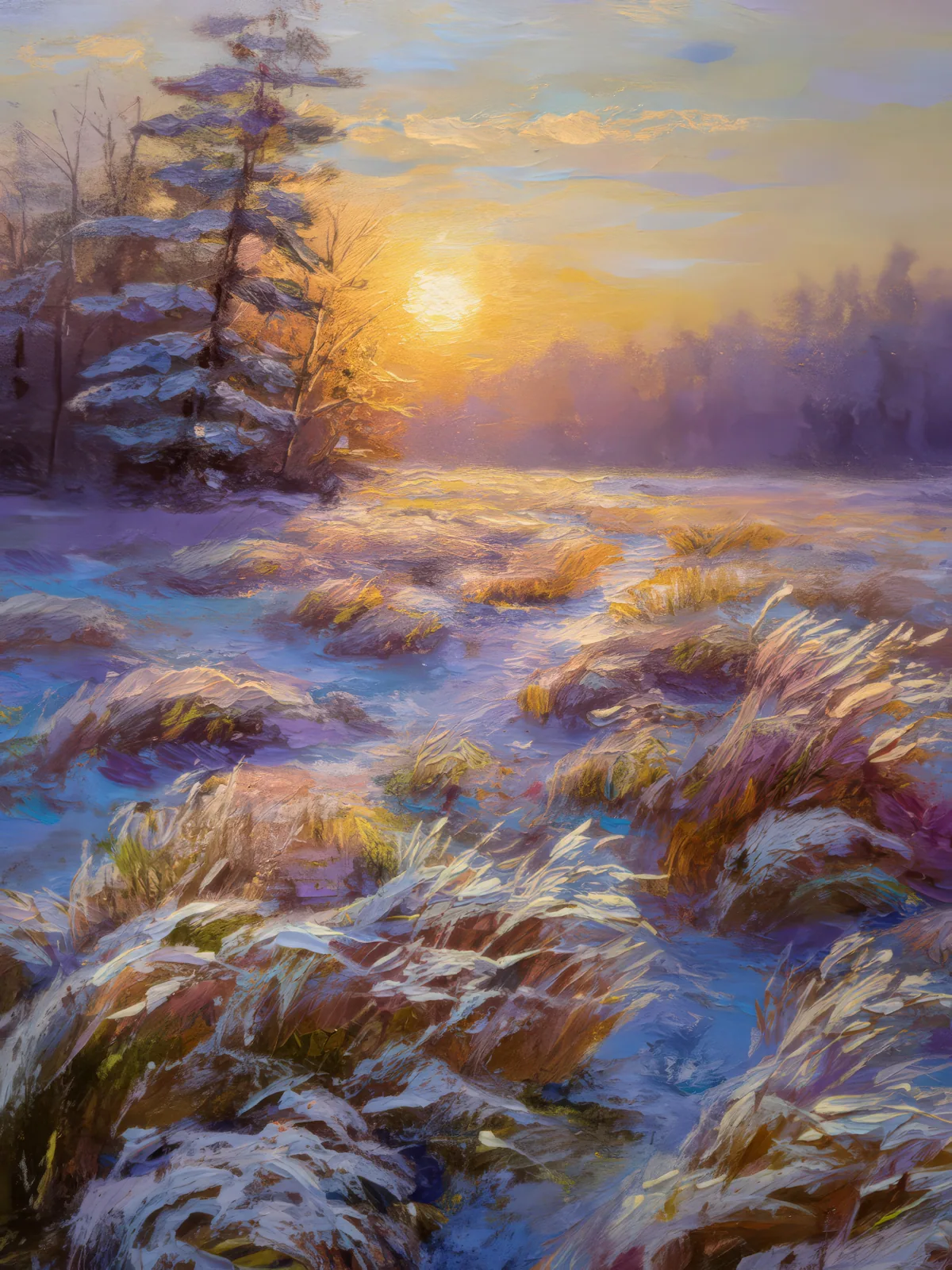 Frosty Moor at Sunrise, a palette-knife oil landscape by Emma Mickelberg