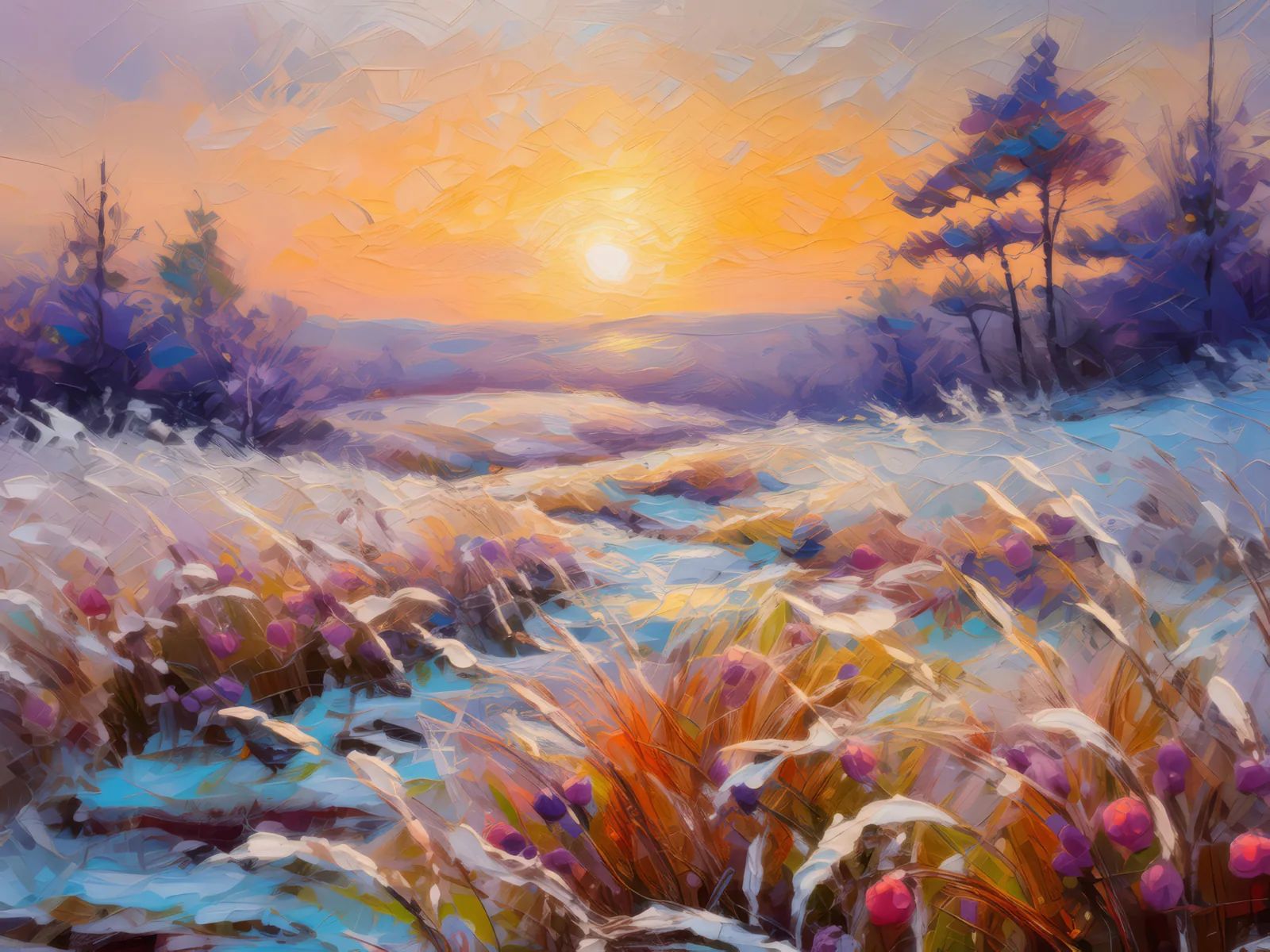 Frosty Moorland Sunrise, a palette-knife oil landscape by Emma Mickelberg