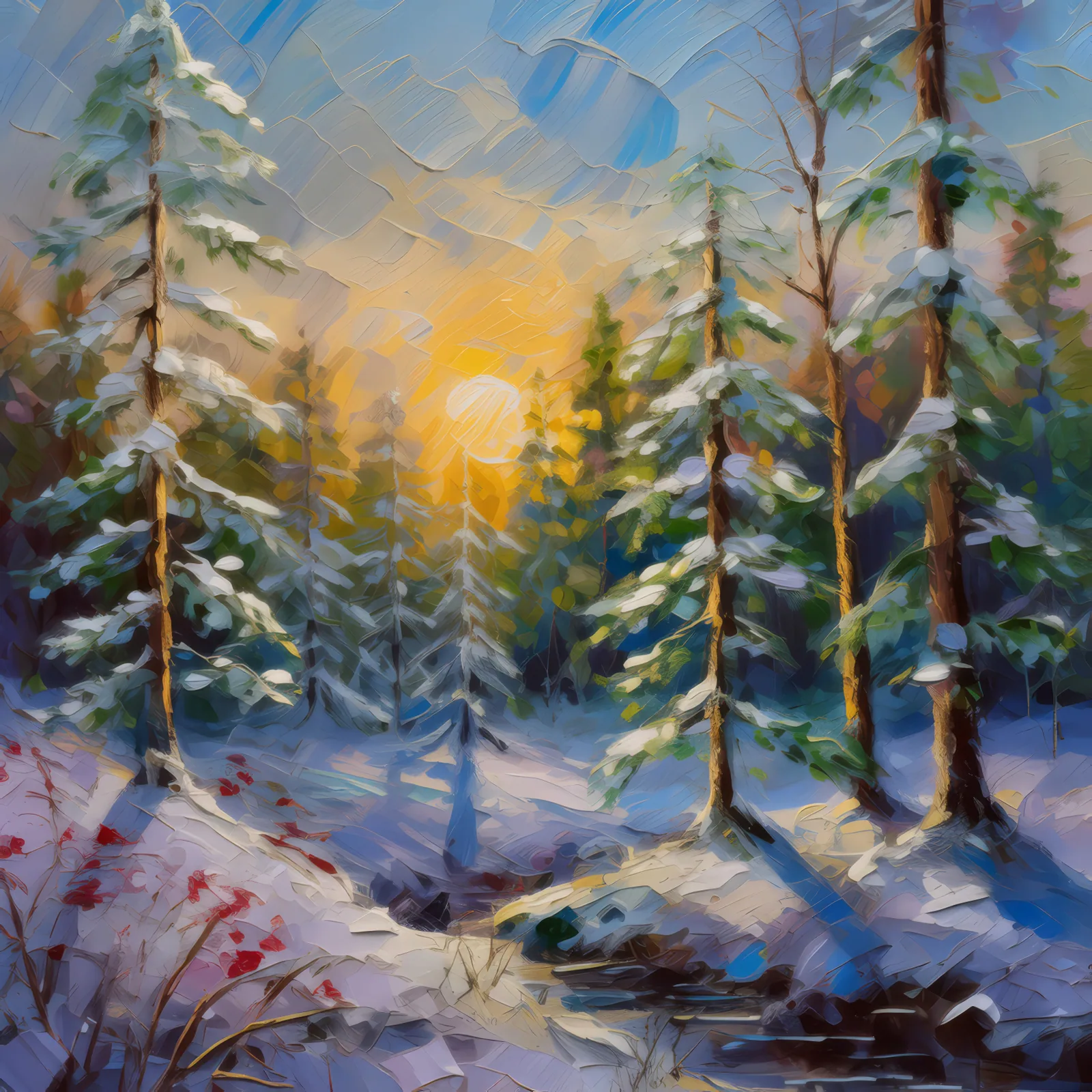 Frosty Morning in Boreal Forest, a palette-knife oil landscape by Emma Mickelberg