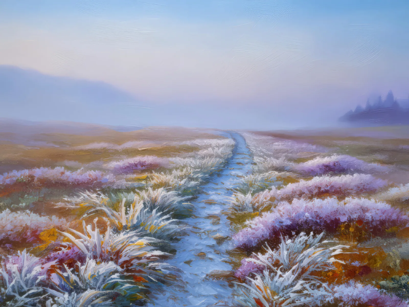 Frosty Tracks on Moor, a palette-knife oil landscape by Emma Mickelberg