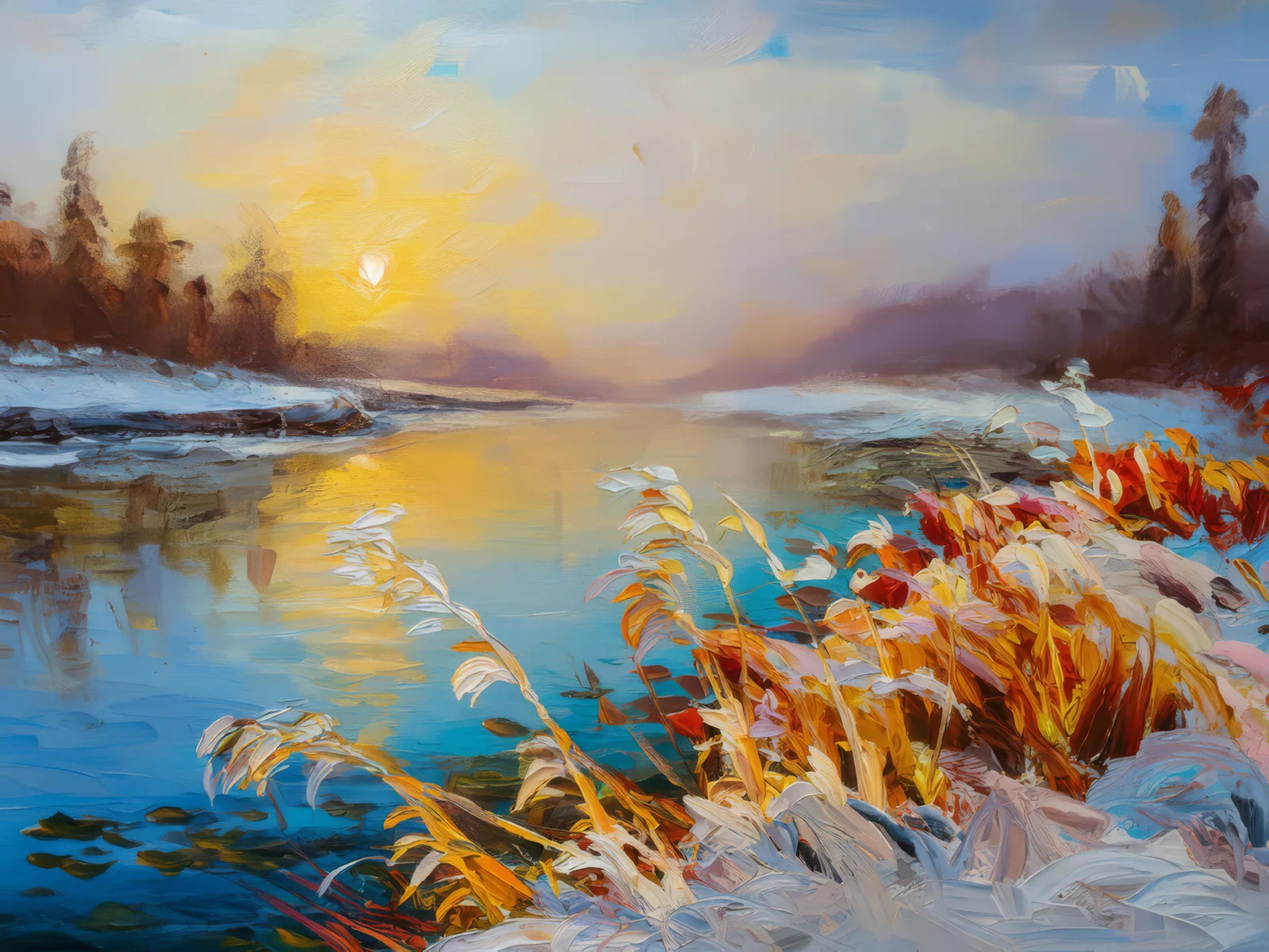 Frosty Tundra Riverbank, a palette-knife oil landscape by Emma Mickelberg