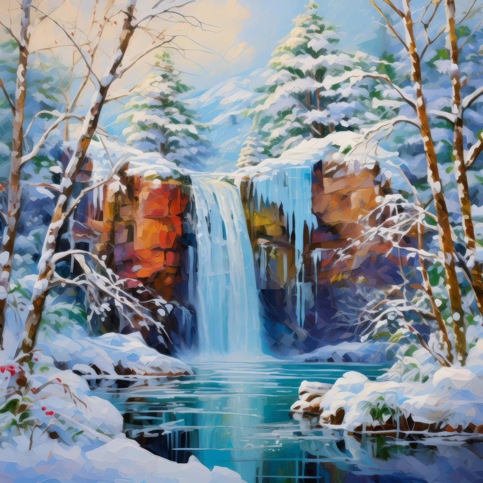 Frosty Waterfall Wonderland, a palette-knife oil landscape by Emma Mickelberg