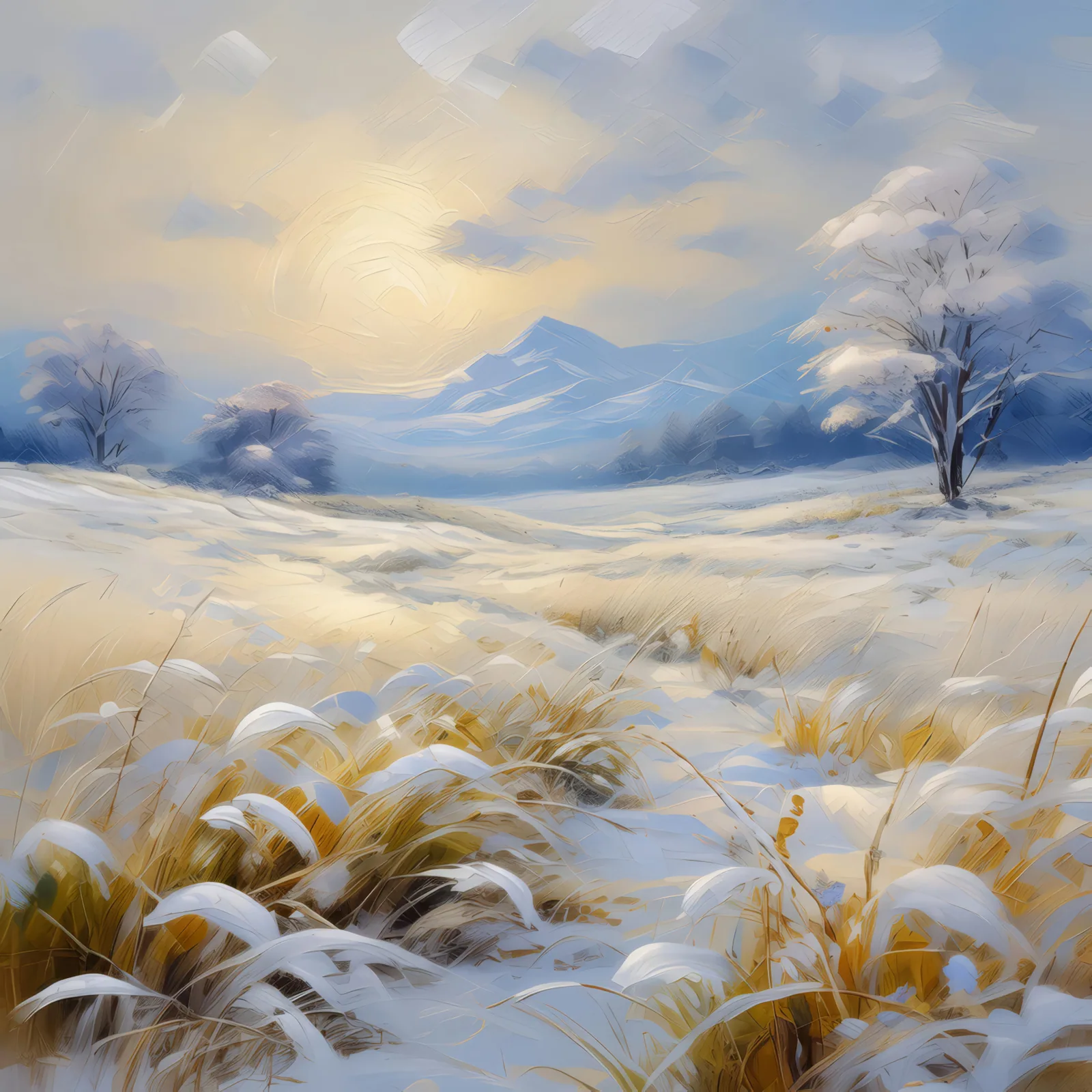 Frosty Winter Grassland, a palette-knife oil landscape by Emma Mickelberg