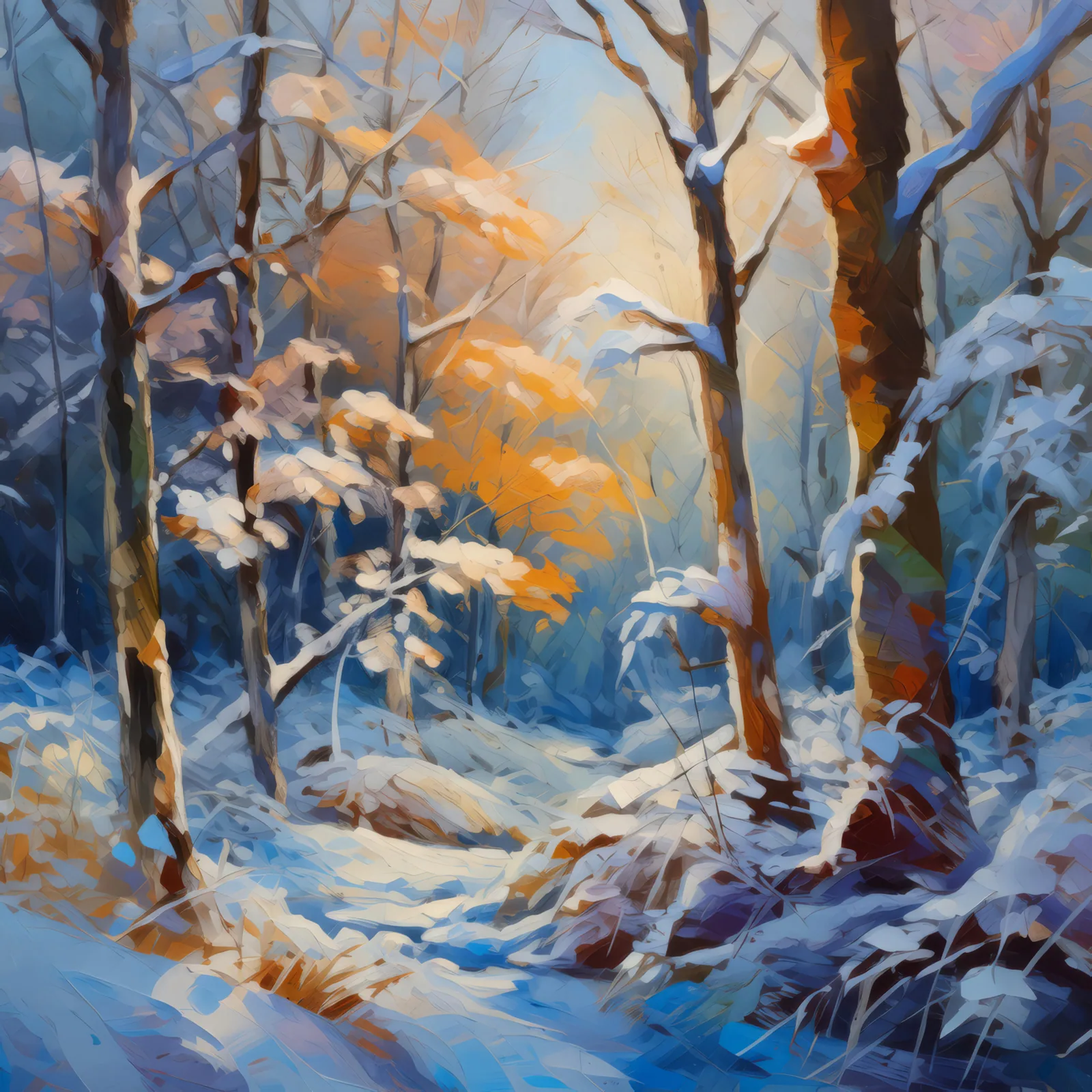Frosty Winter Woods, a palette-knife oil landscape by Emma Mickelberg