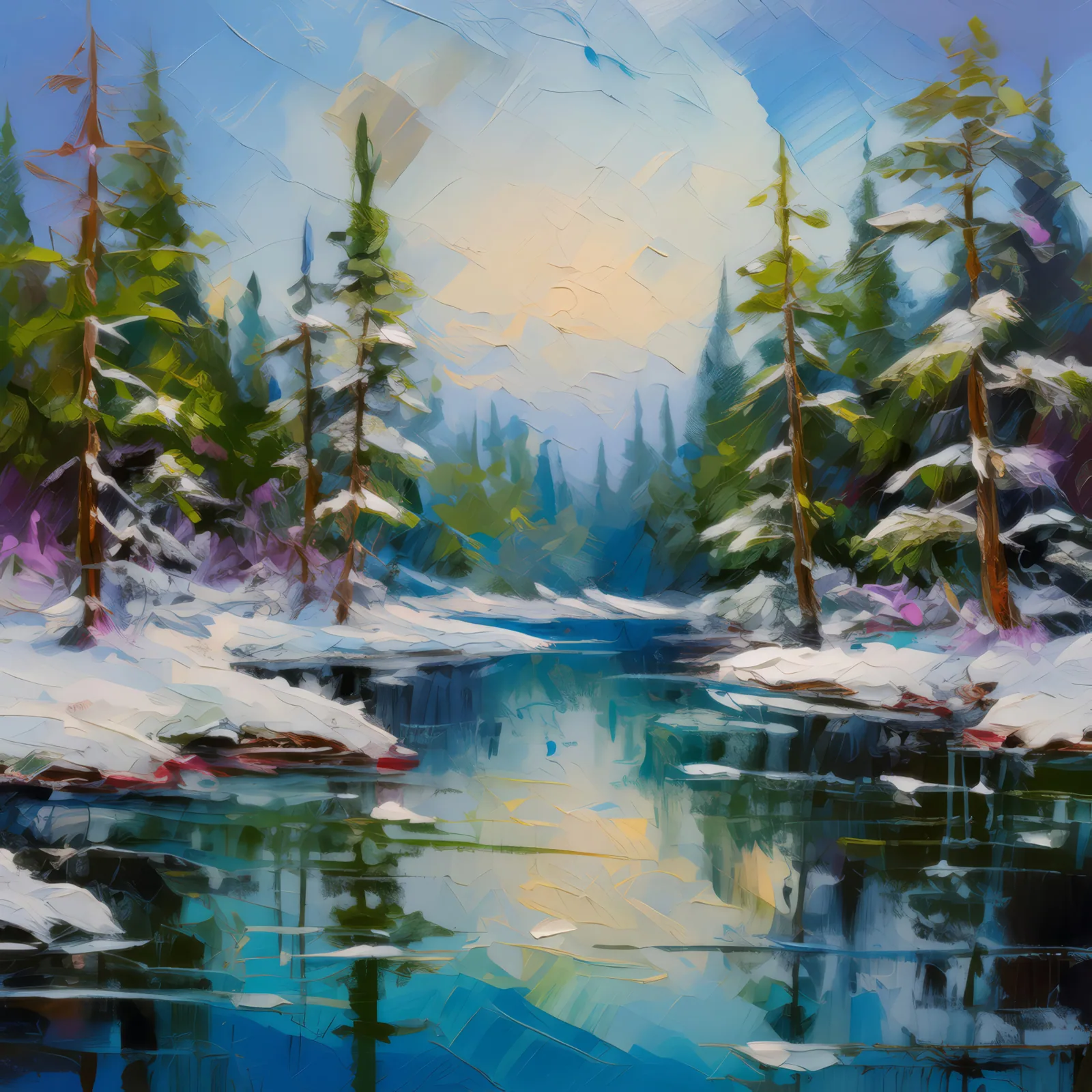 Frozen Boreal Lake, a palette-knife oil landscape by Emma Mickelberg