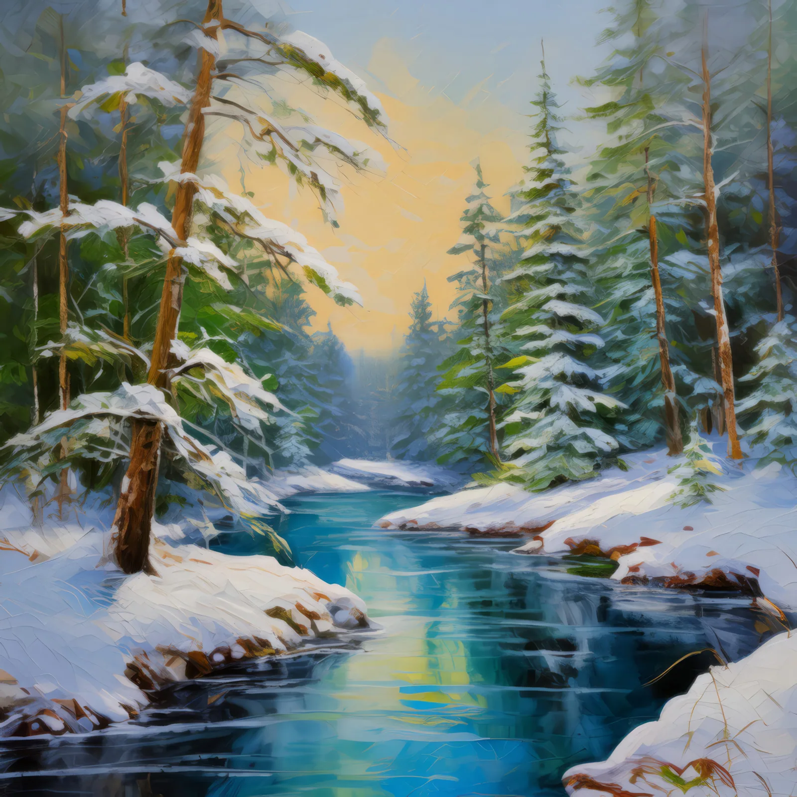 Frozen Boreal River, a palette-knife oil landscape by Emma Mickelberg