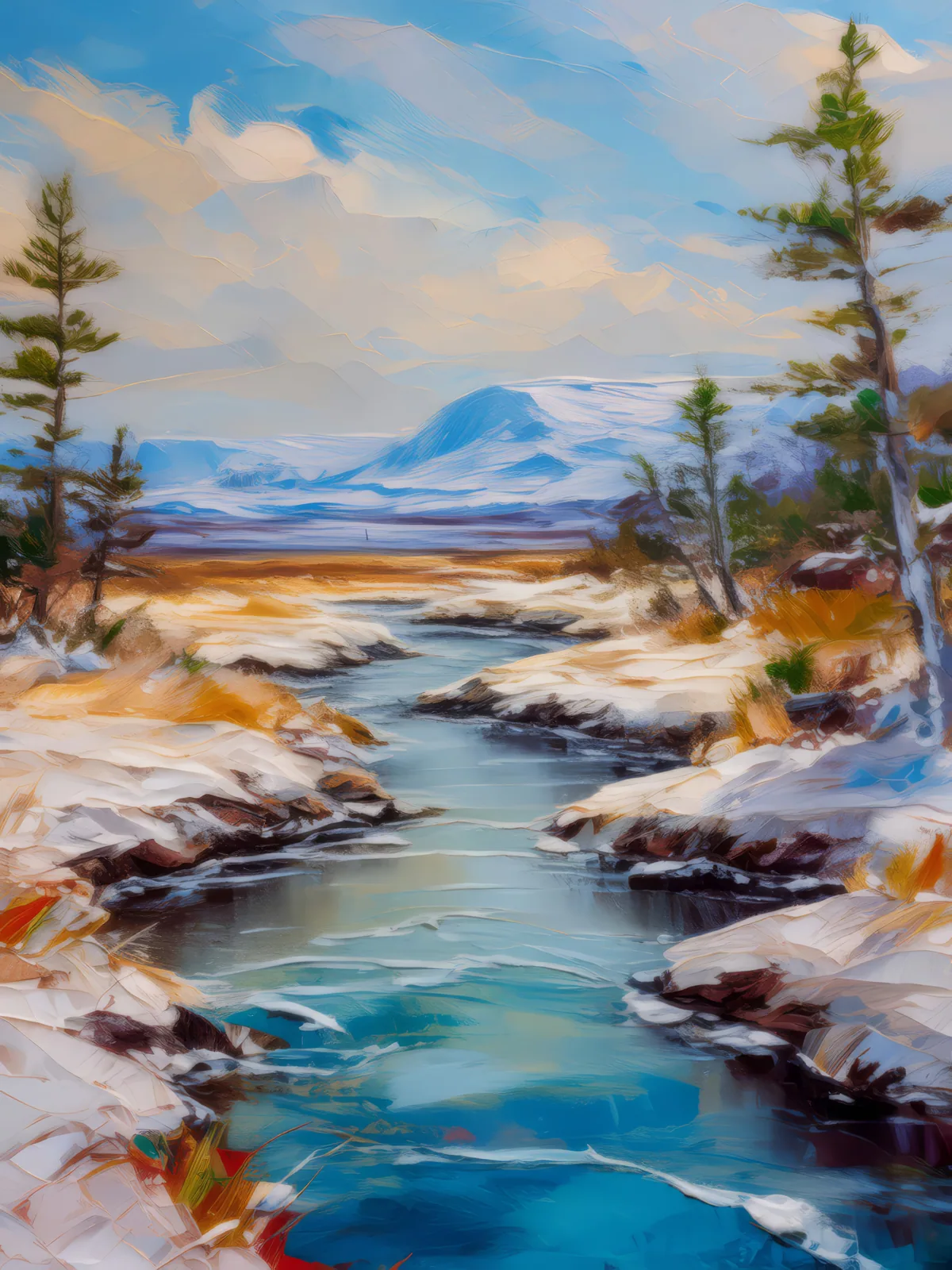 Frozen Boreal Riverbed, a palette-knife oil landscape by Emma Mickelberg