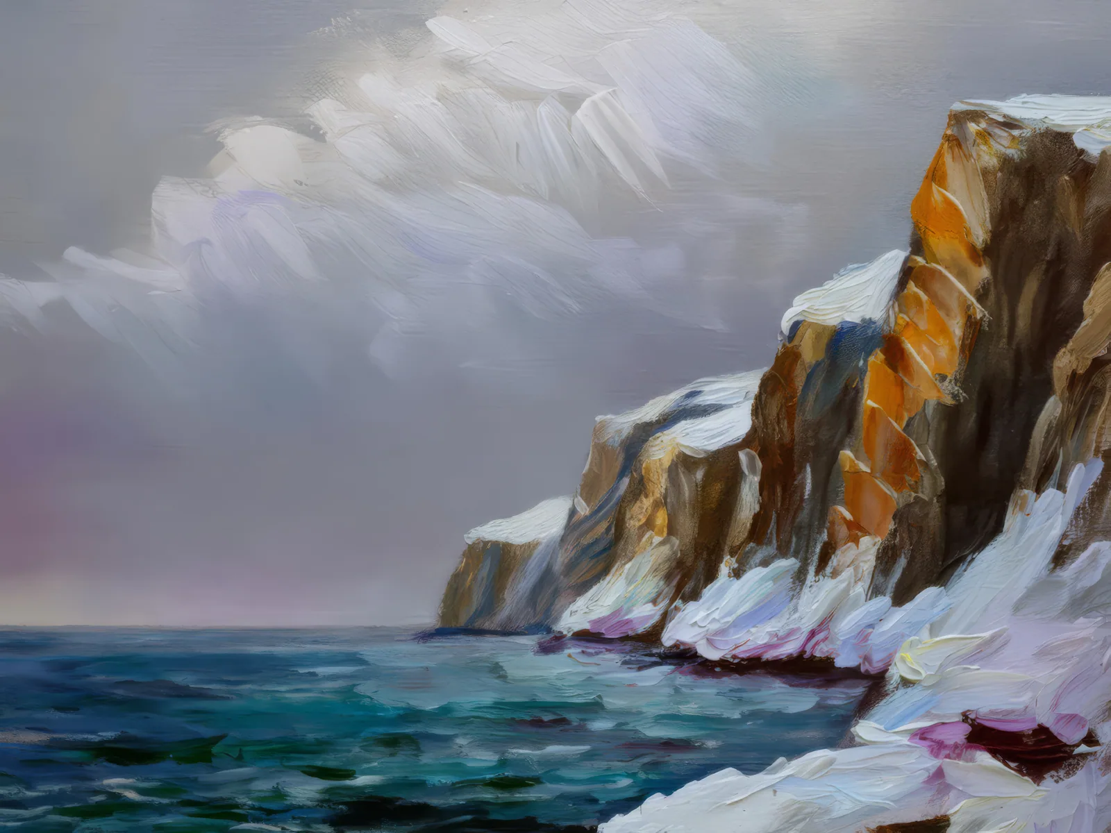 Frozen Coastal Cliffs, a palette-knife oil landscape by Emma Mickelberg