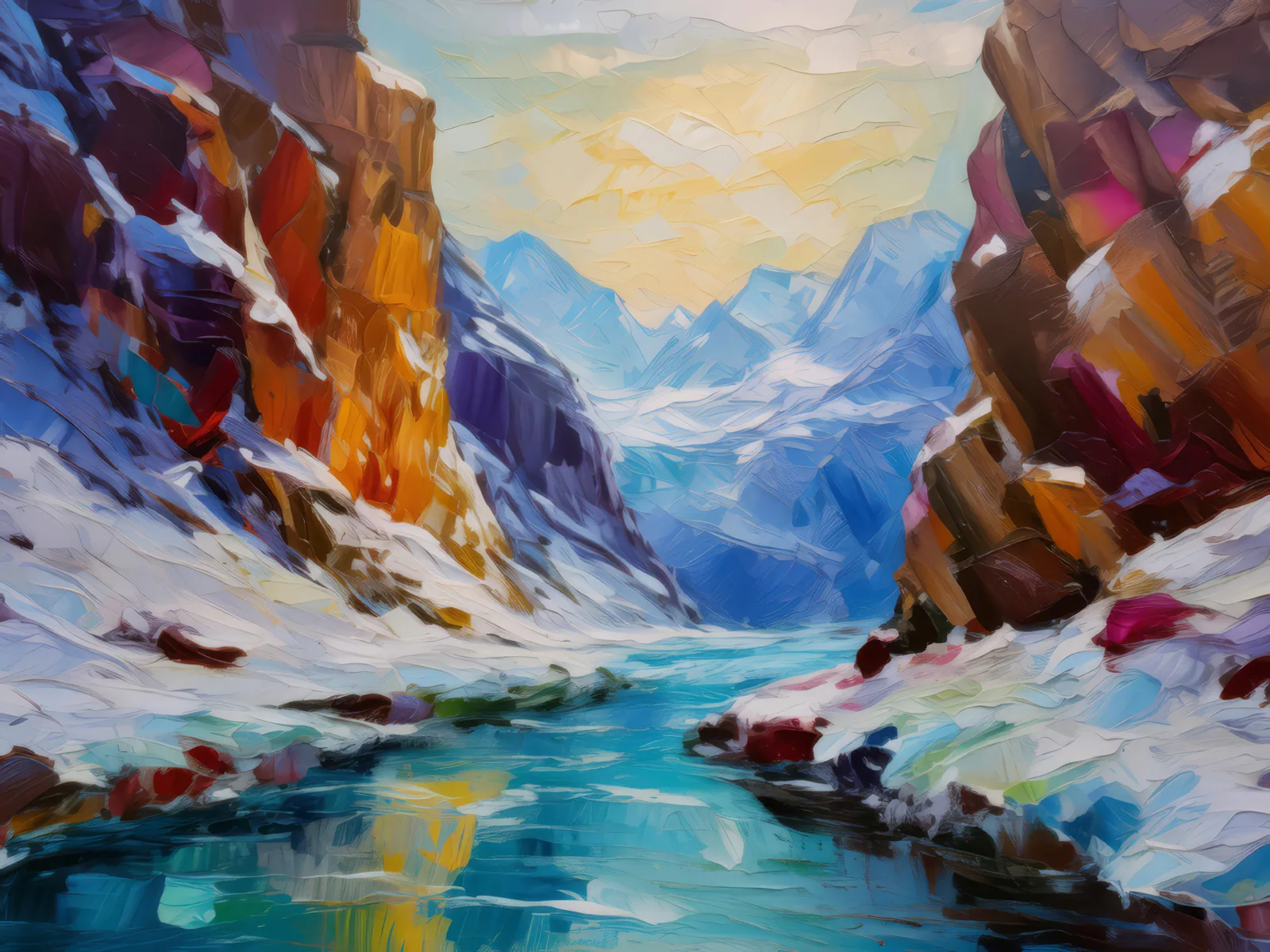 Frozen Desert Canyon, a palette-knife oil landscape by Emma Mickelberg