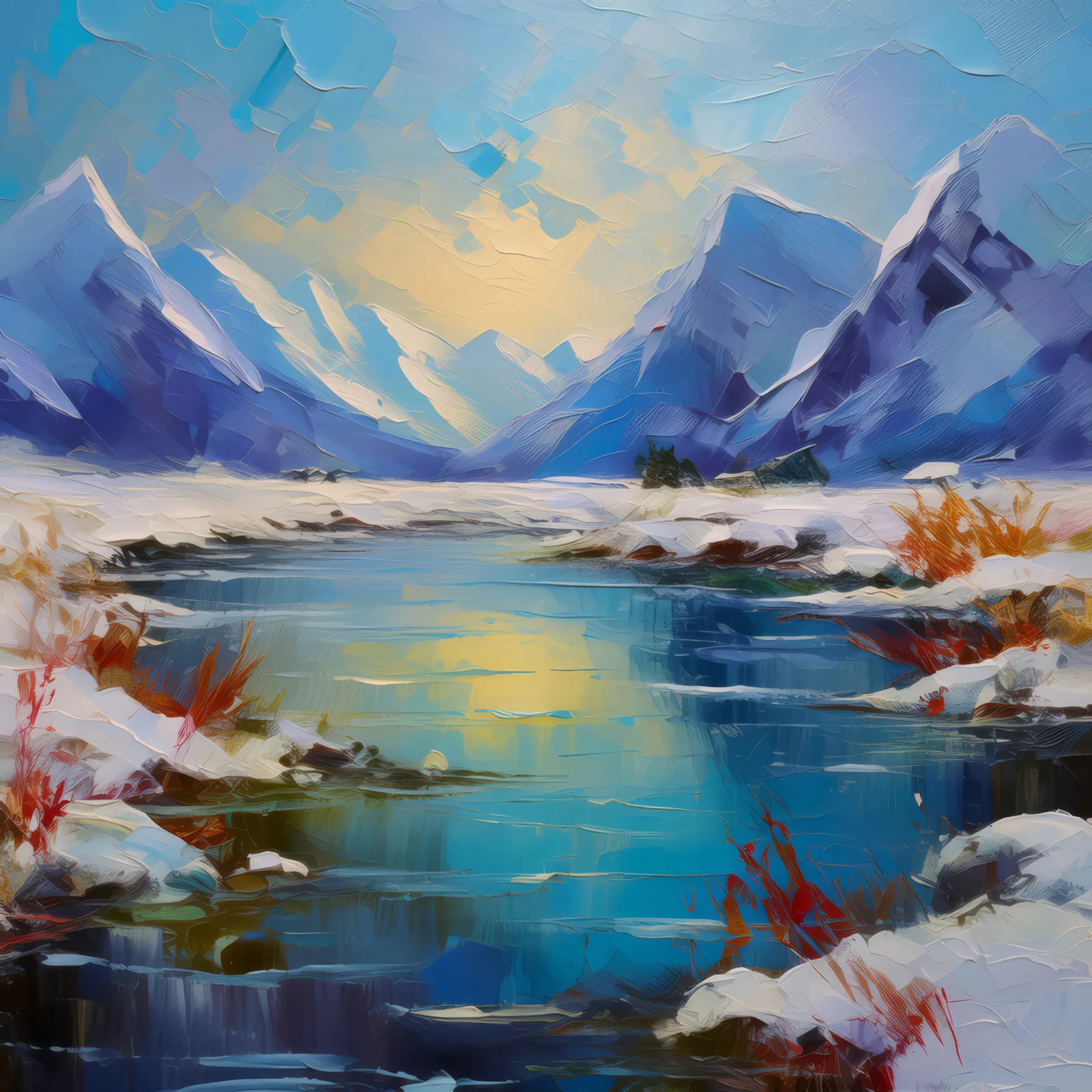 Frozen Desert Lake, a palette-knife oil landscape by Emma Mickelberg