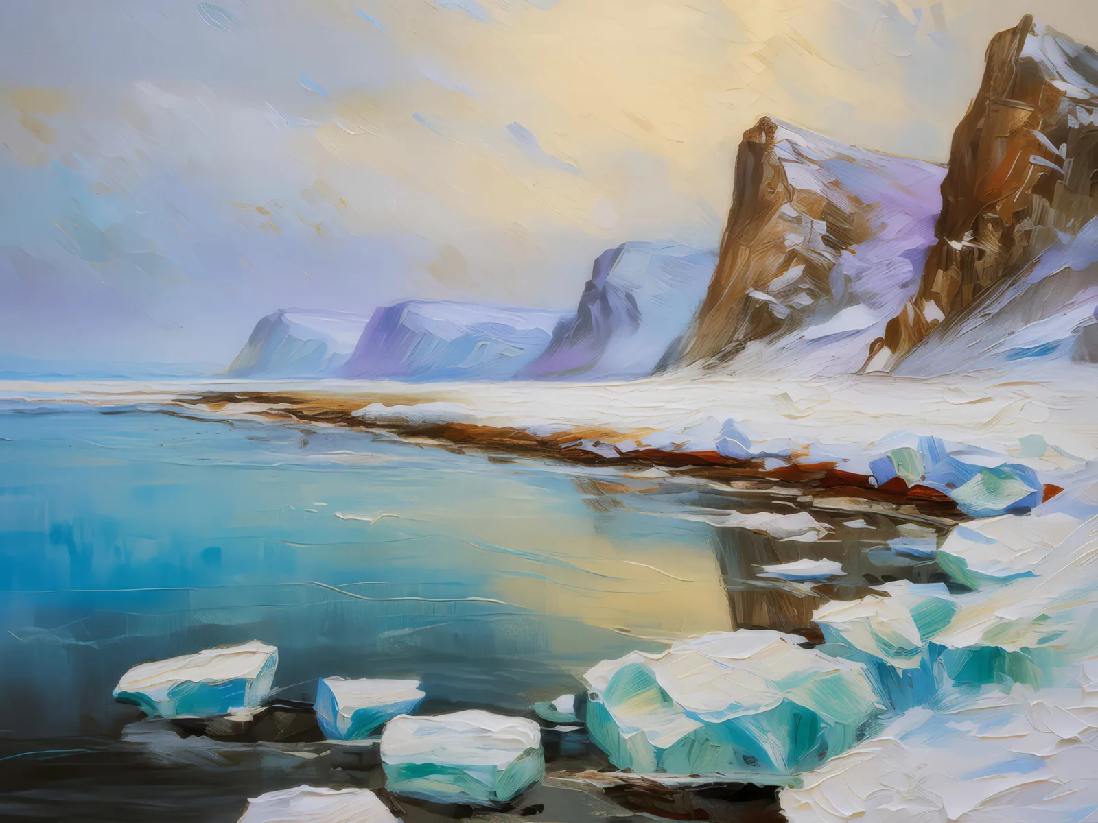 Frozen Desert Shoreline, a palette-knife oil landscape by Emma Mickelberg