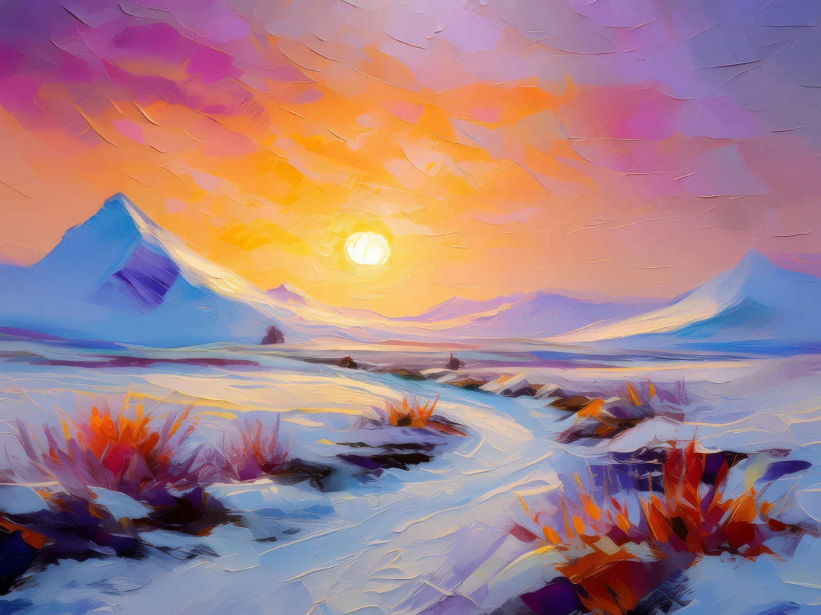 Frozen Desert Sunset, a palette-knife oil landscape by Emma Mickelberg