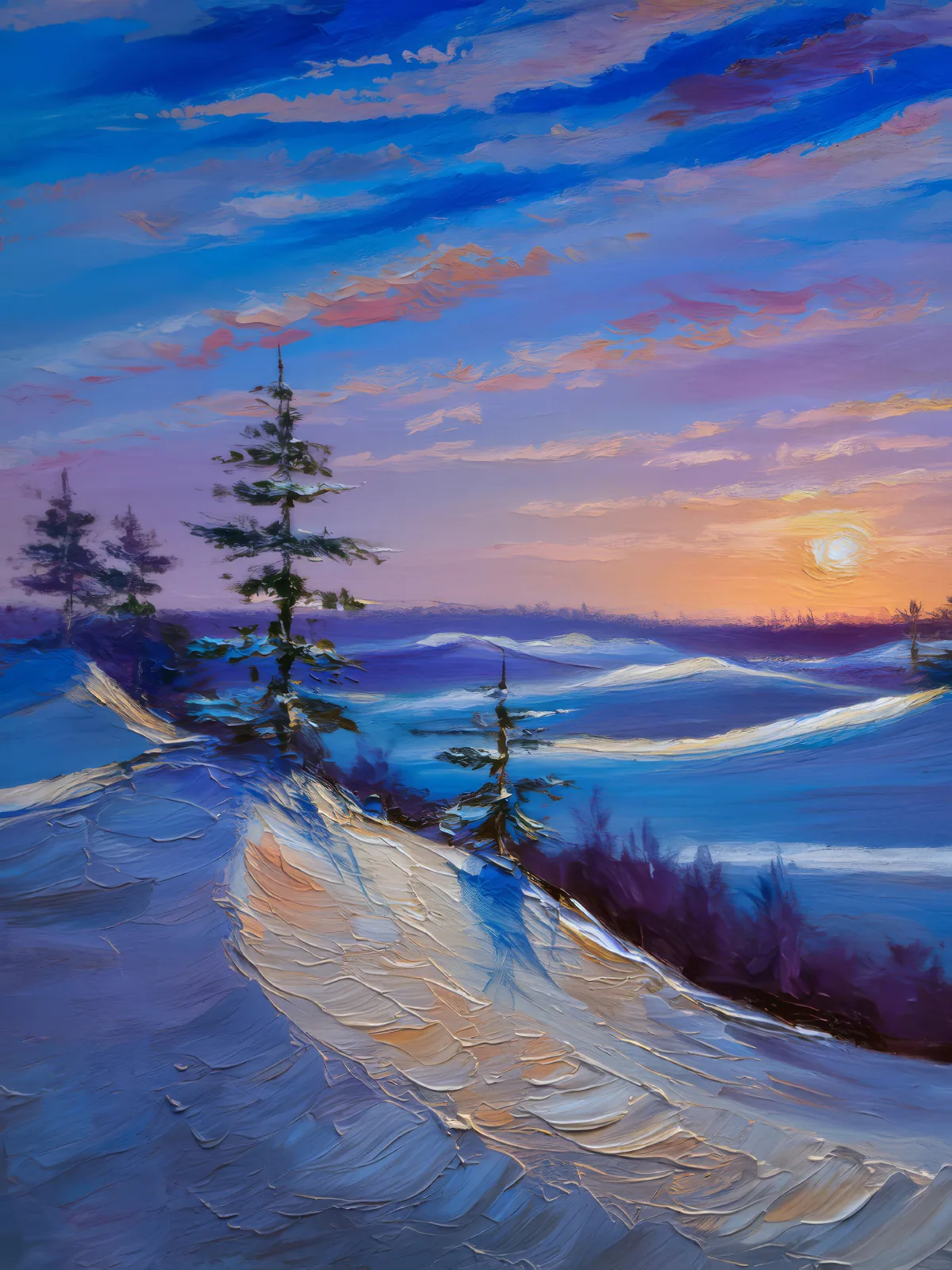 Frozen Dunes at Dusk, a palette-knife oil landscape by Emma Mickelberg