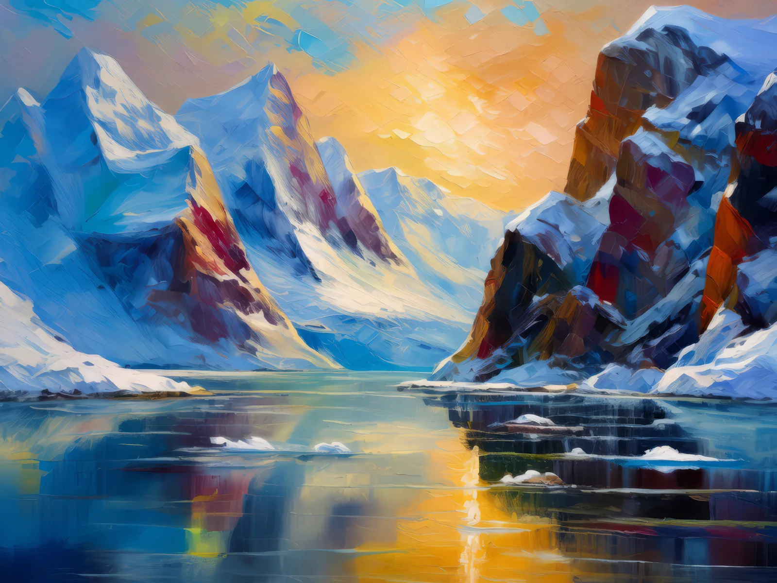 Frozen Fjord Mountains, a palette-knife oil landscape by Emma Mickelberg