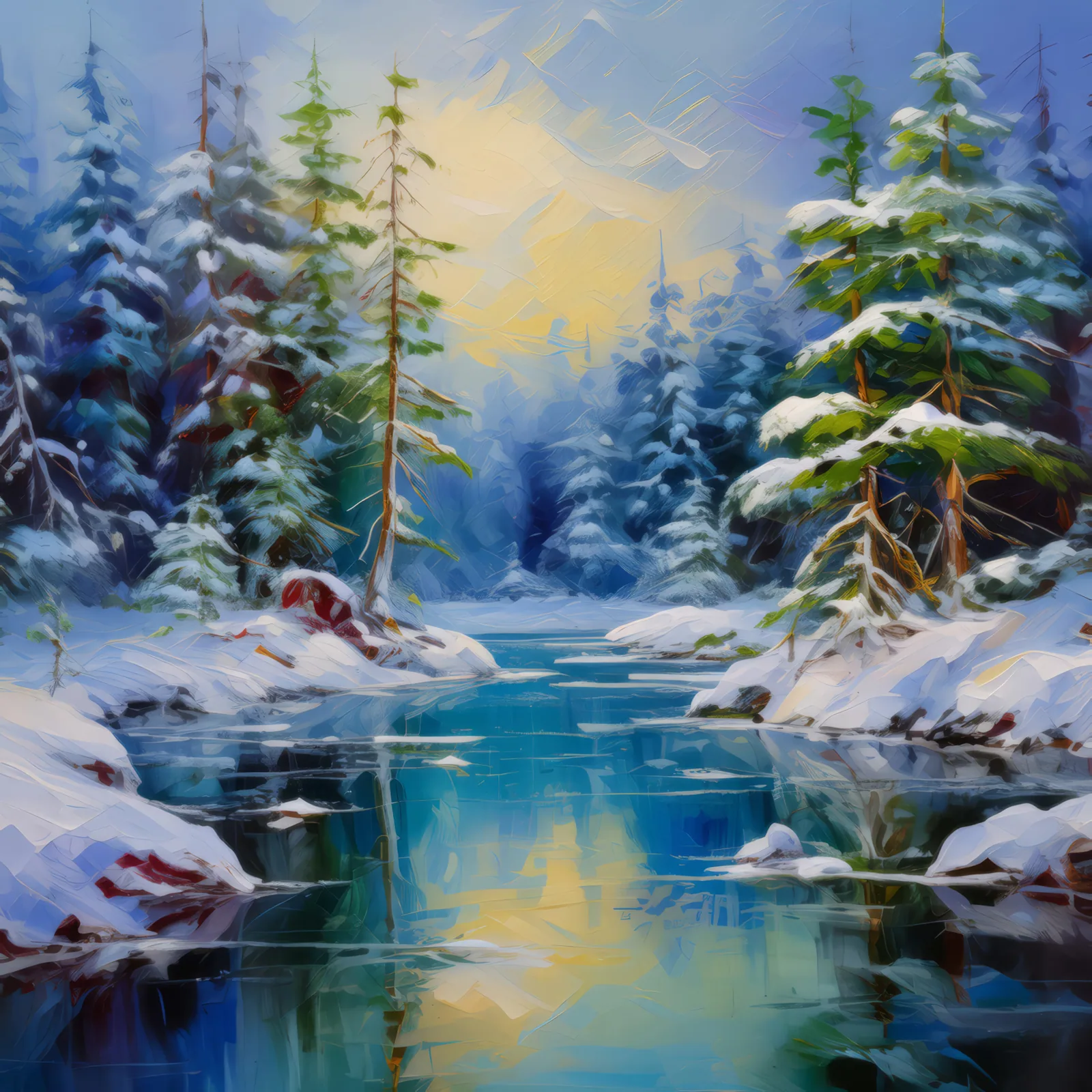 Frozen Forest Lake, a palette-knife oil landscape by Emma Mickelberg