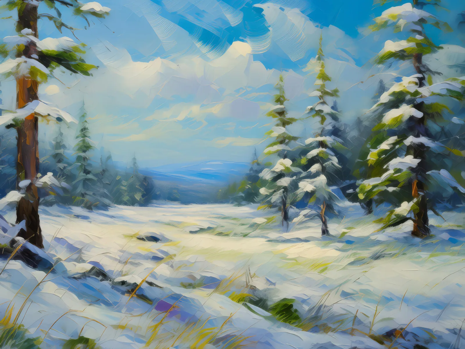 Frozen Forest Meadow, a palette-knife oil landscape by Emma Mickelberg