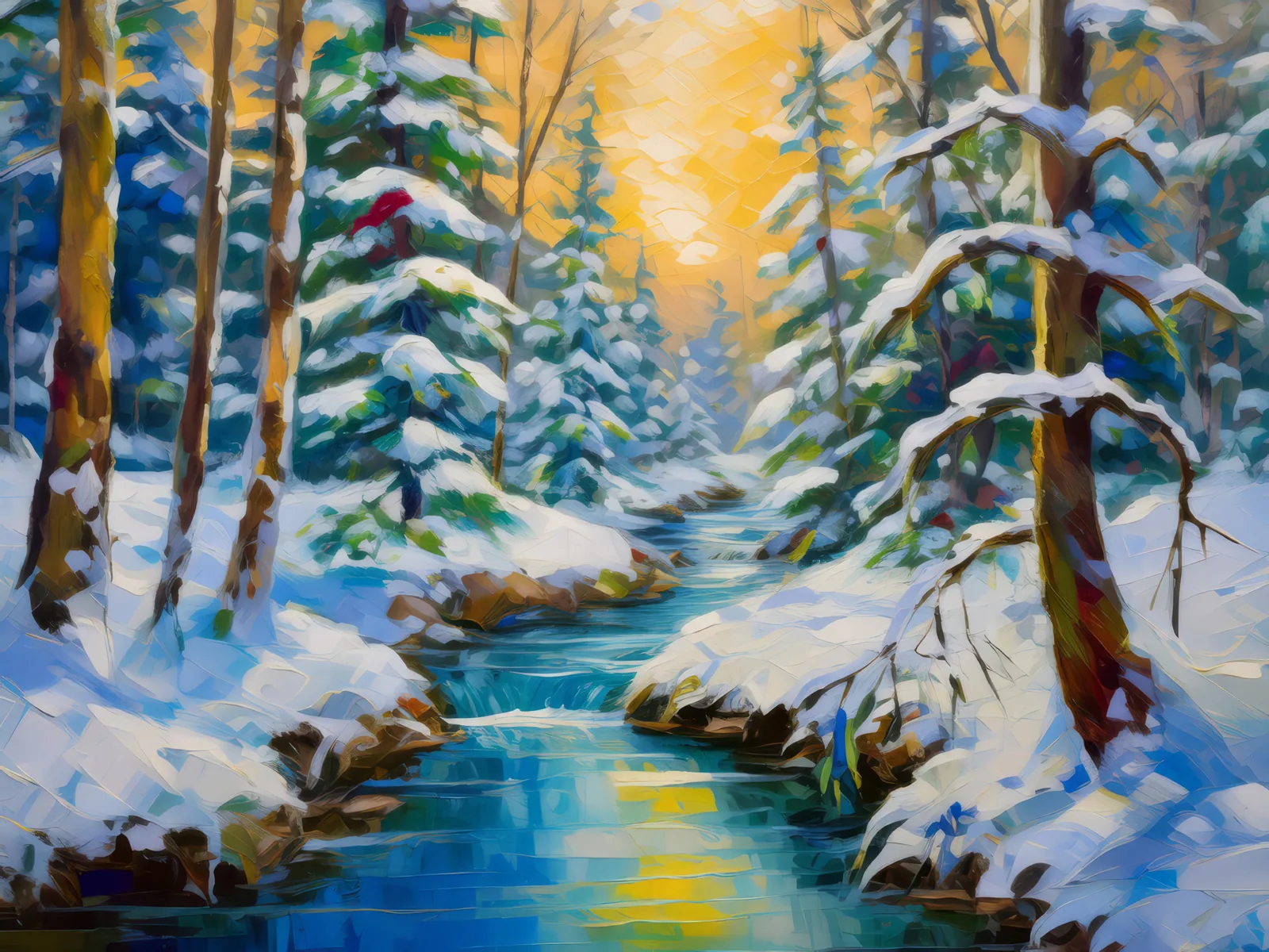 Frozen Forest Stream, a palette-knife oil landscape by Emma Mickelberg