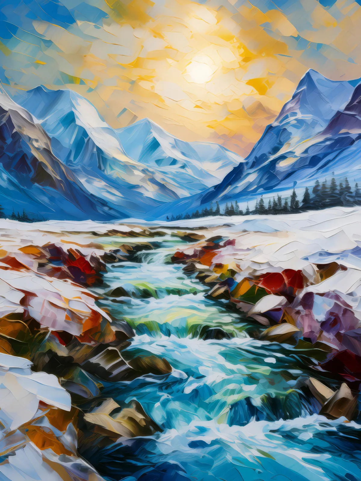Frozen Glacial Stream, a palette-knife oil landscape by Emma Mickelberg