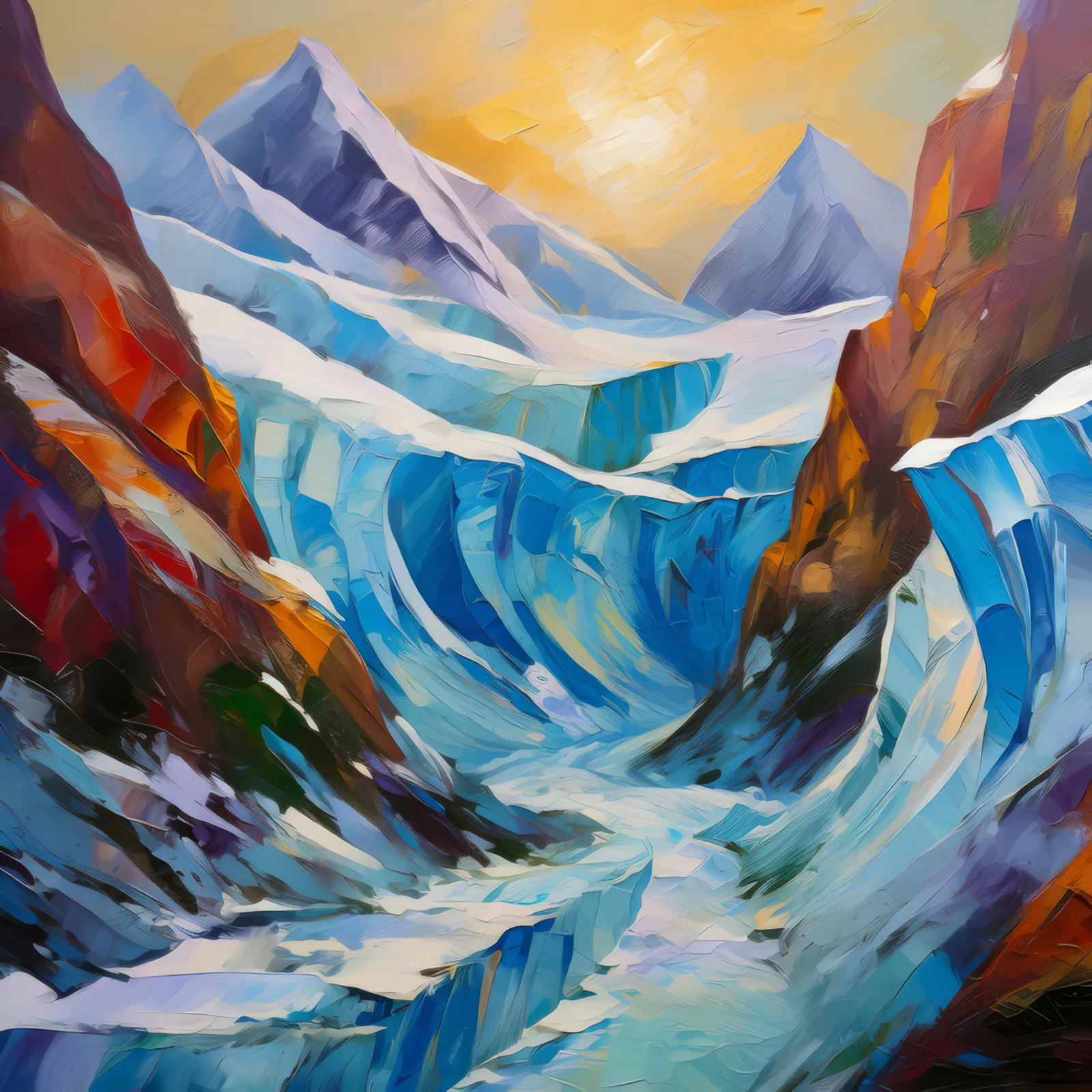 Frozen Glacier Chasm, a palette-knife oil landscape by Emma Mickelberg