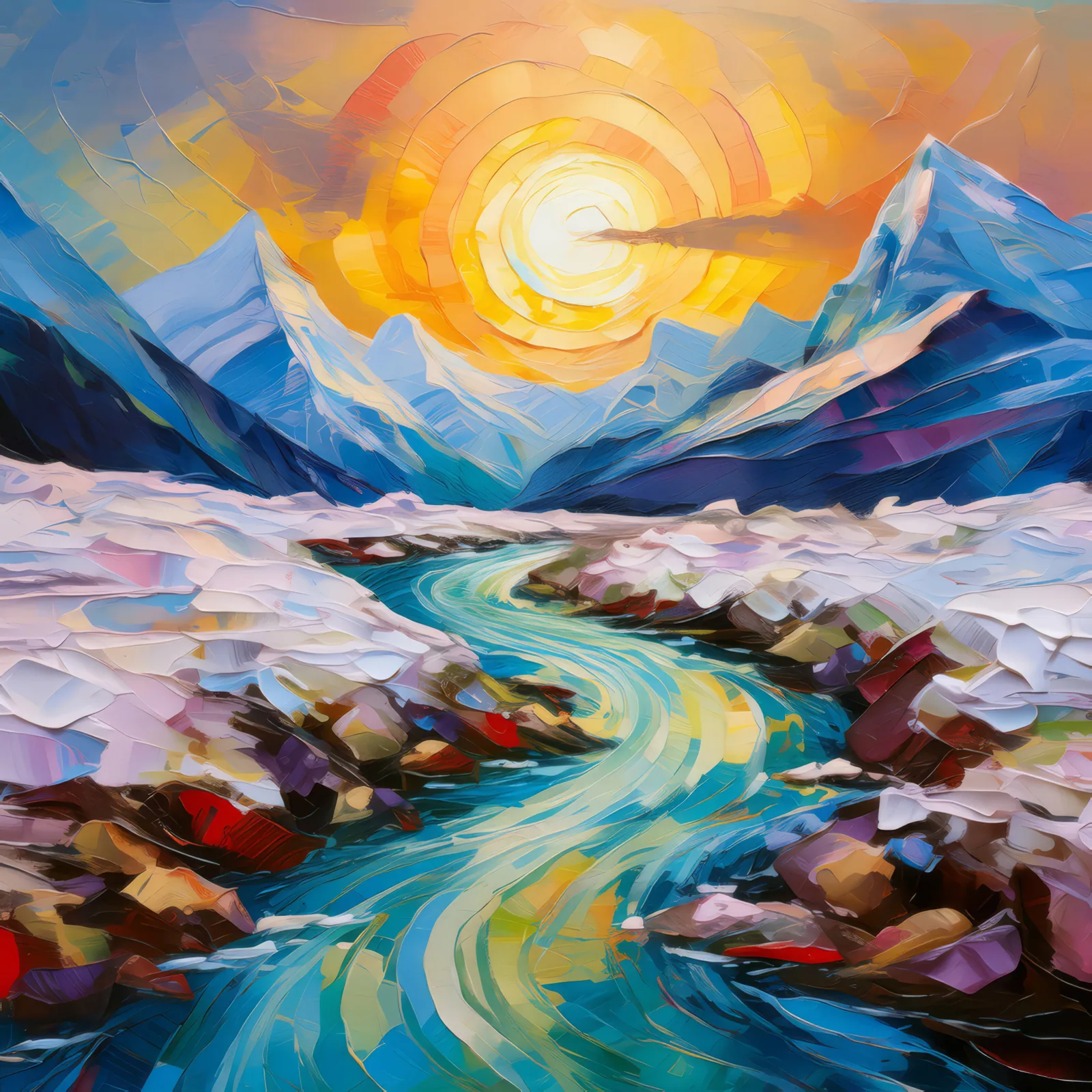 Frozen Glacier Stream, a palette-knife oil landscape by Emma Mickelberg
