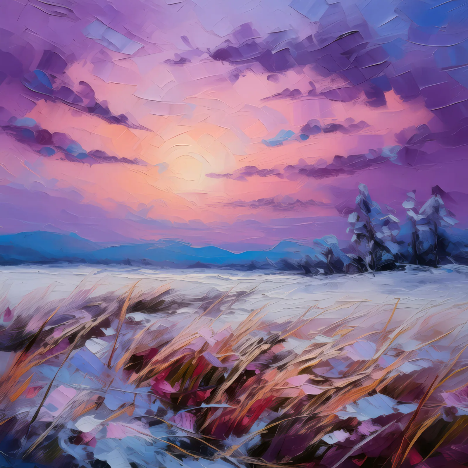 Frozen Grassland at Twilight, a palette-knife oil landscape by Emma Mickelberg