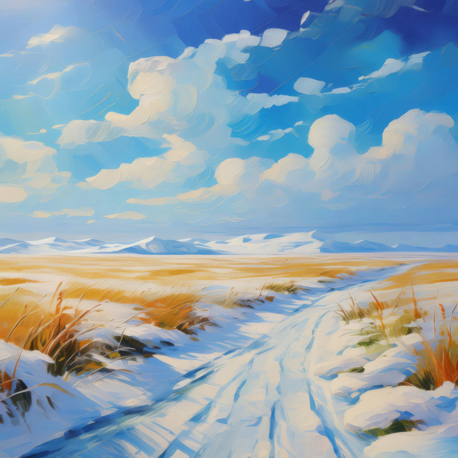 Frozen Grassland Expanse, a palette-knife oil landscape by Emma Mickelberg