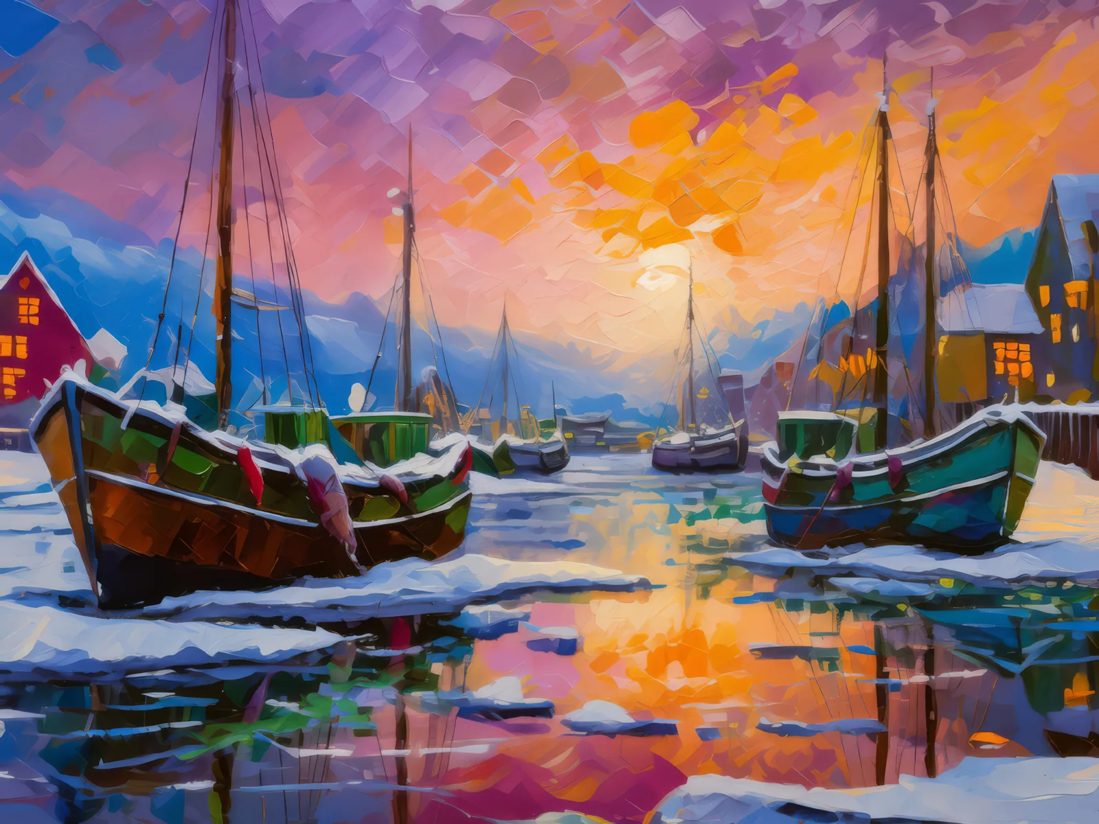 Frozen Harbor at Twilight, a palette-knife oil landscape by Emma Mickelberg