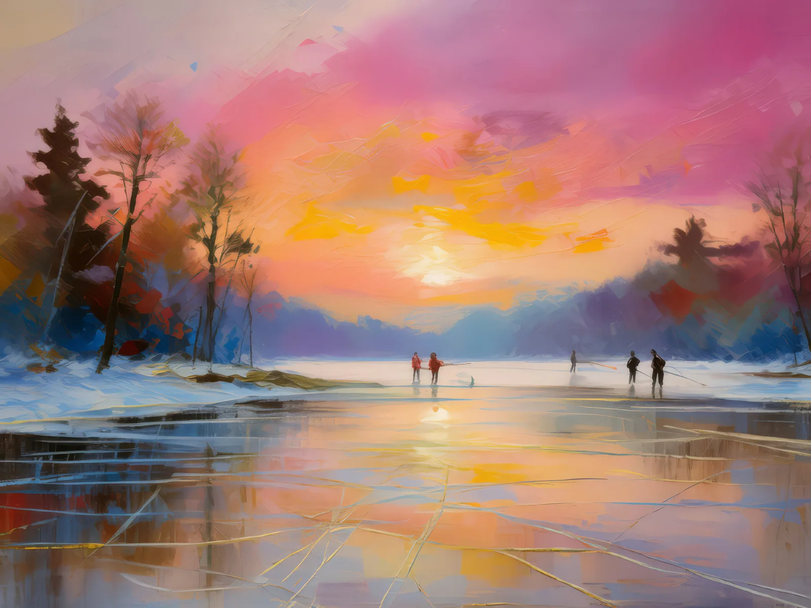 Frozen Lake at Dawn, a palette-knife oil landscape by Emma Mickelberg