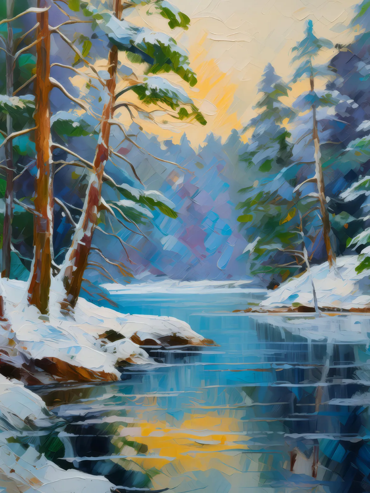 Frozen Lake in Forest, a palette-knife oil landscape by Emma Mickelberg