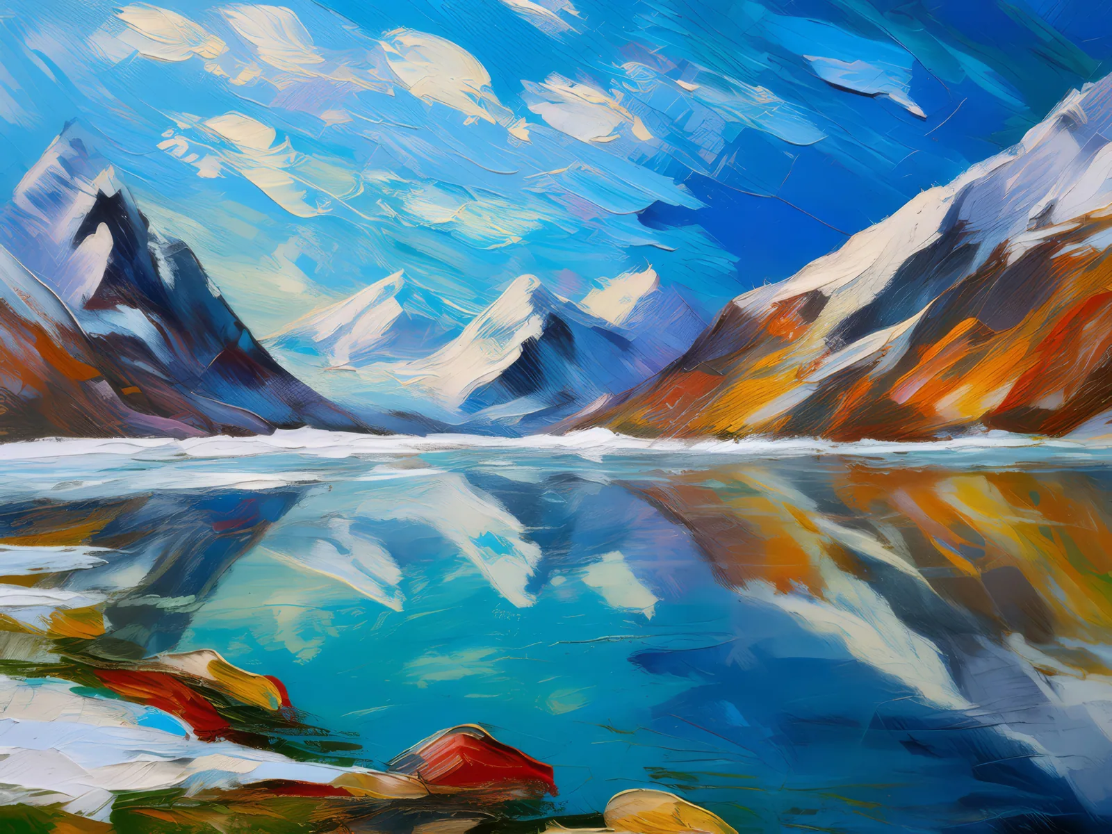 Frozen Lake Reflections, a palette-knife oil landscape by Emma Mickelberg