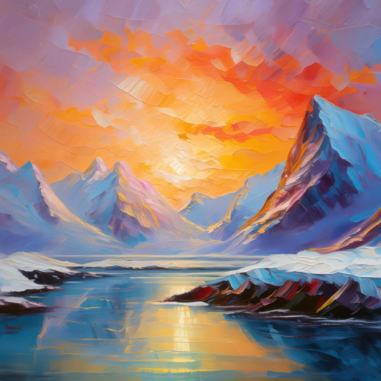 Frozen Mountain Dawn, a palette-knife oil landscape by Emma Mickelberg