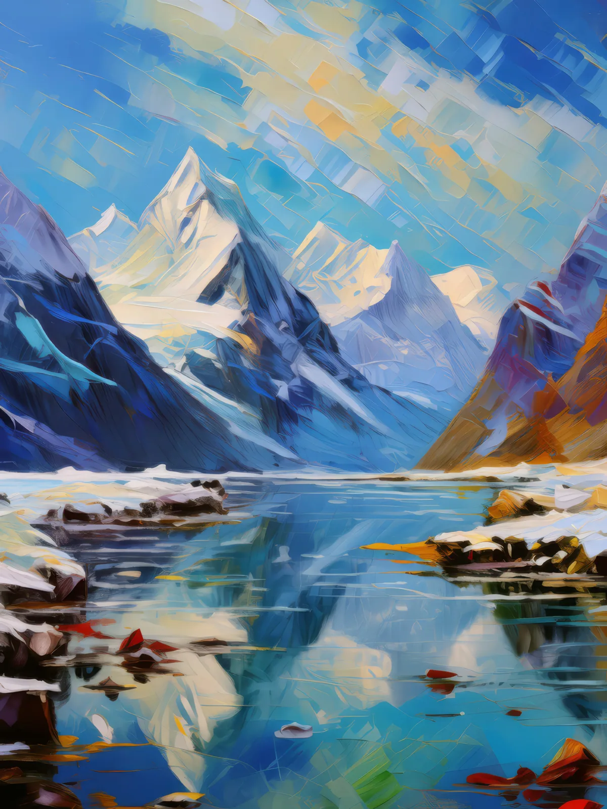 Frozen Mountain Lake, a palette-knife oil landscape by Emma Mickelberg