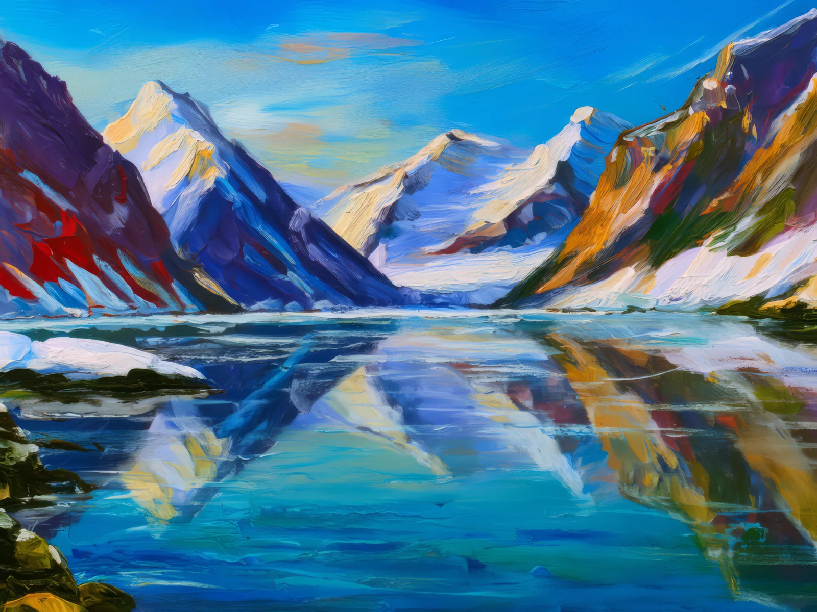 Frozen Mountain Lakes, a palette-knife oil landscape by Emma Mickelberg